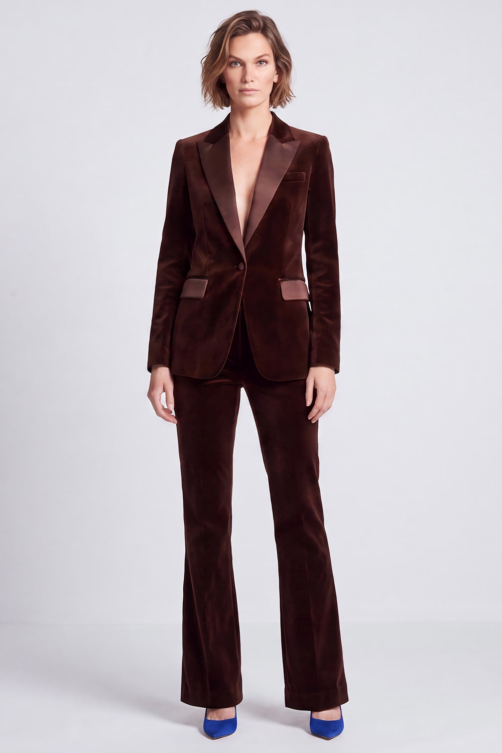 Brown Velvet 2 Piece Fitted Peak Lapel Work Suits
