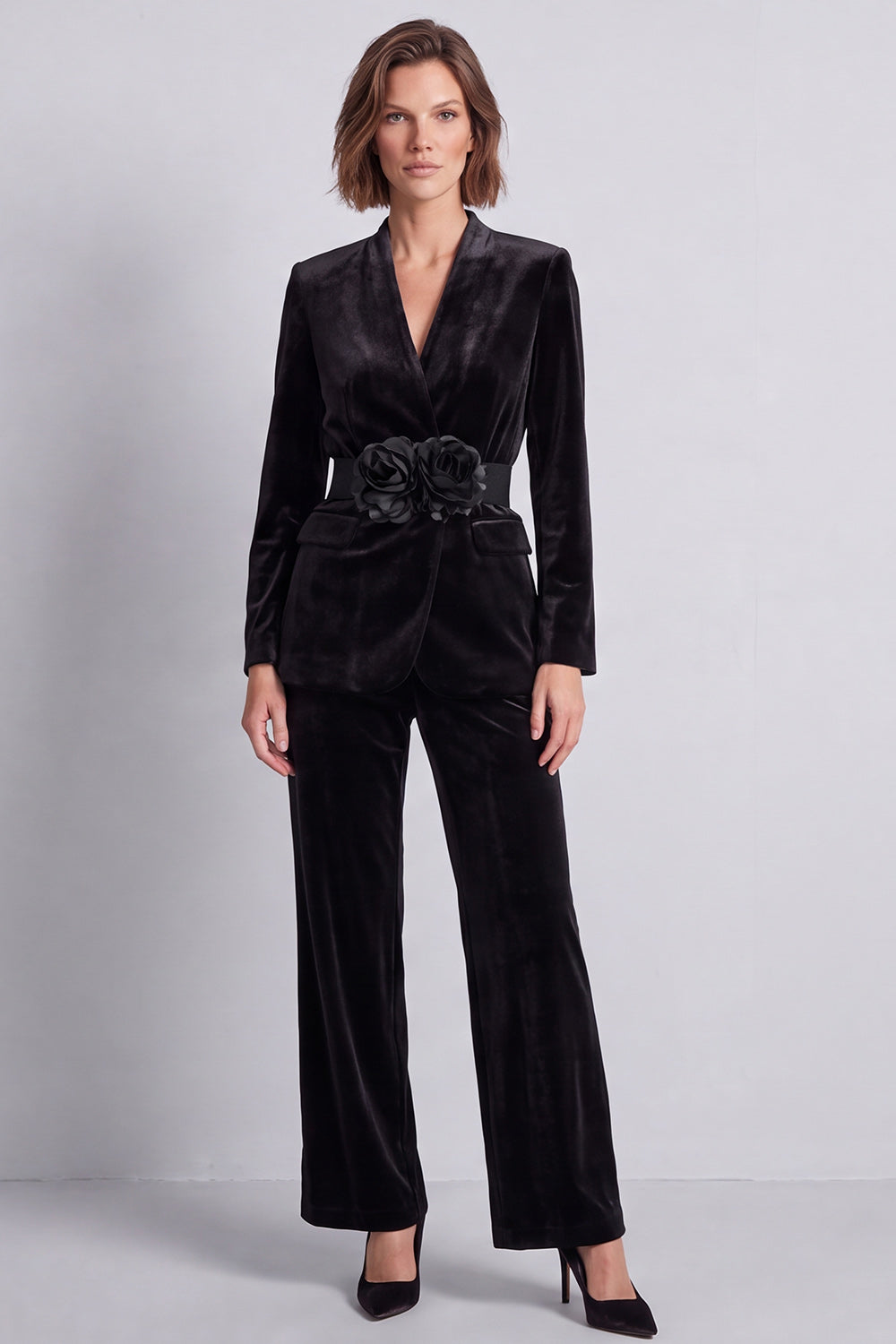 Dark Green Velvet V-Neck Two Piece Work Suits with 3D Flowers
