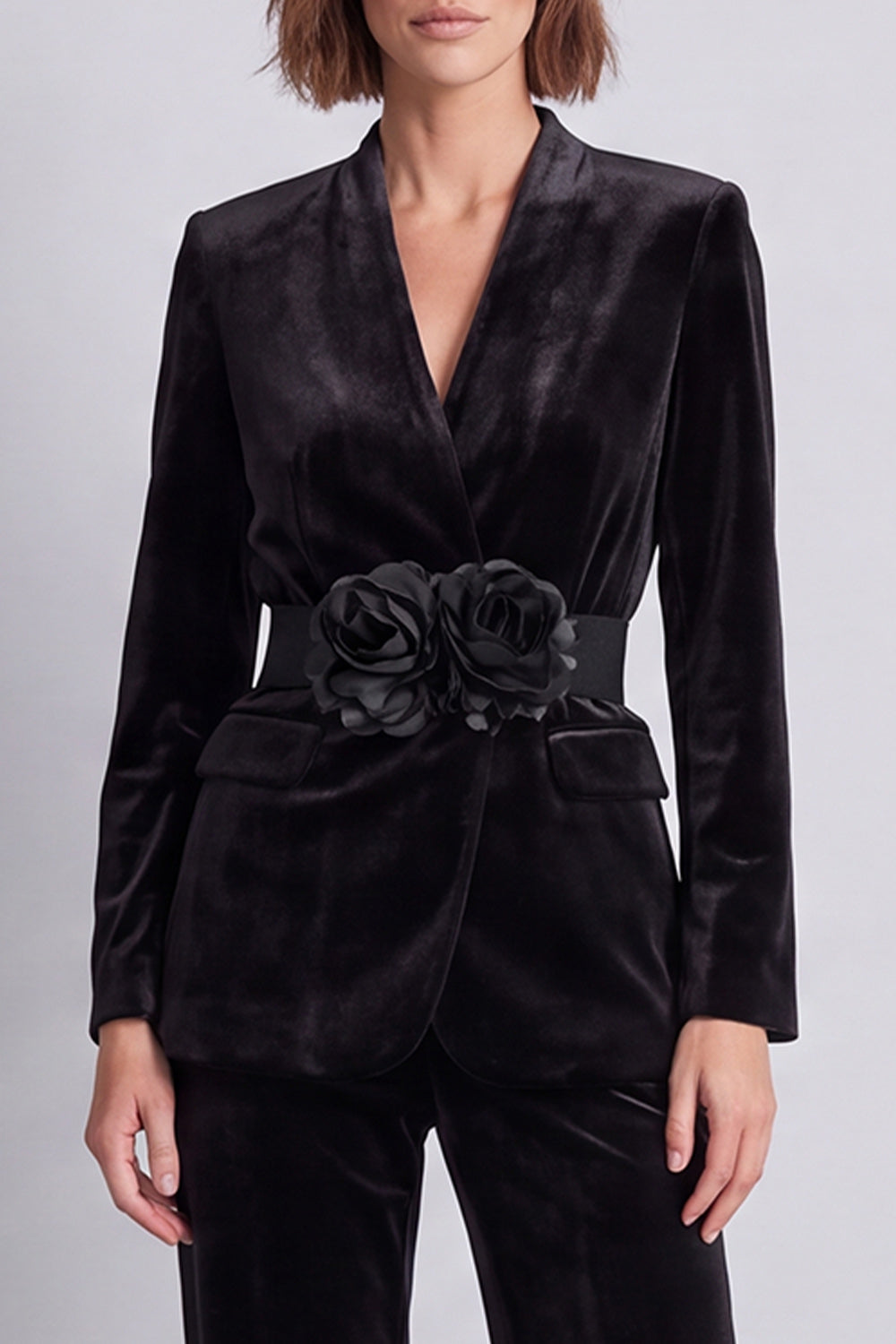 Dark Green Velvet V-Neck Two Piece Work Suits with 3D Flowers
