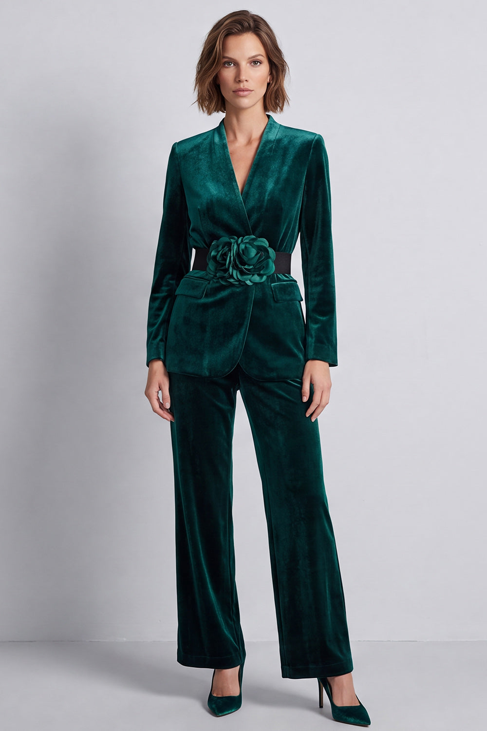 Dark Green Velvet V-Neck Two Piece Work Suits with 3D Flowers