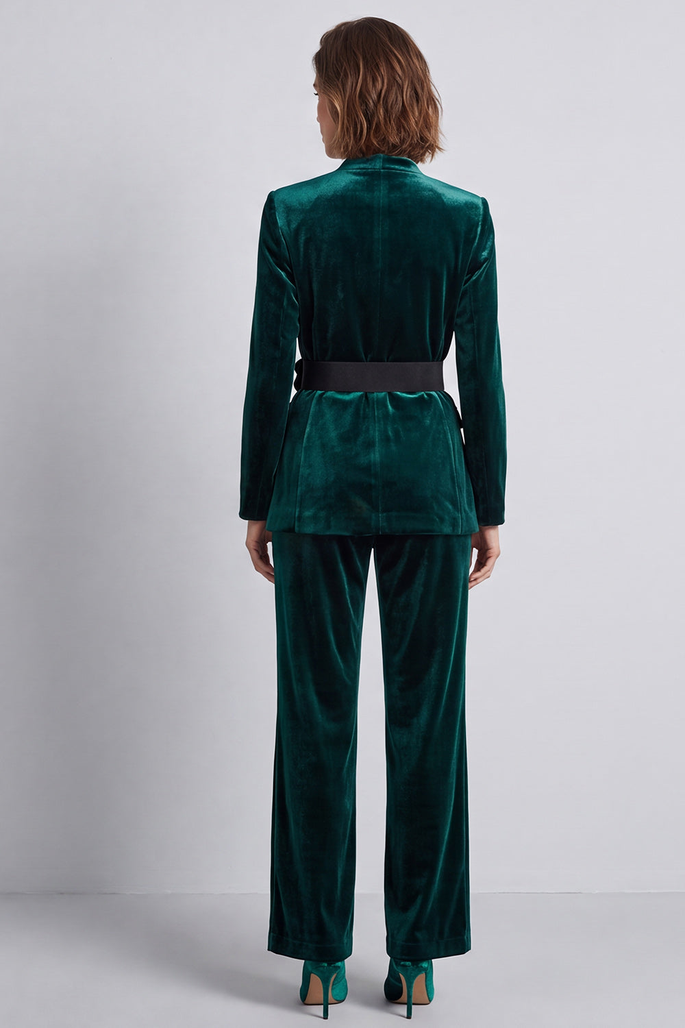 Dark Green Velvet V-Neck Two Piece Work Suits with 3D Flowers