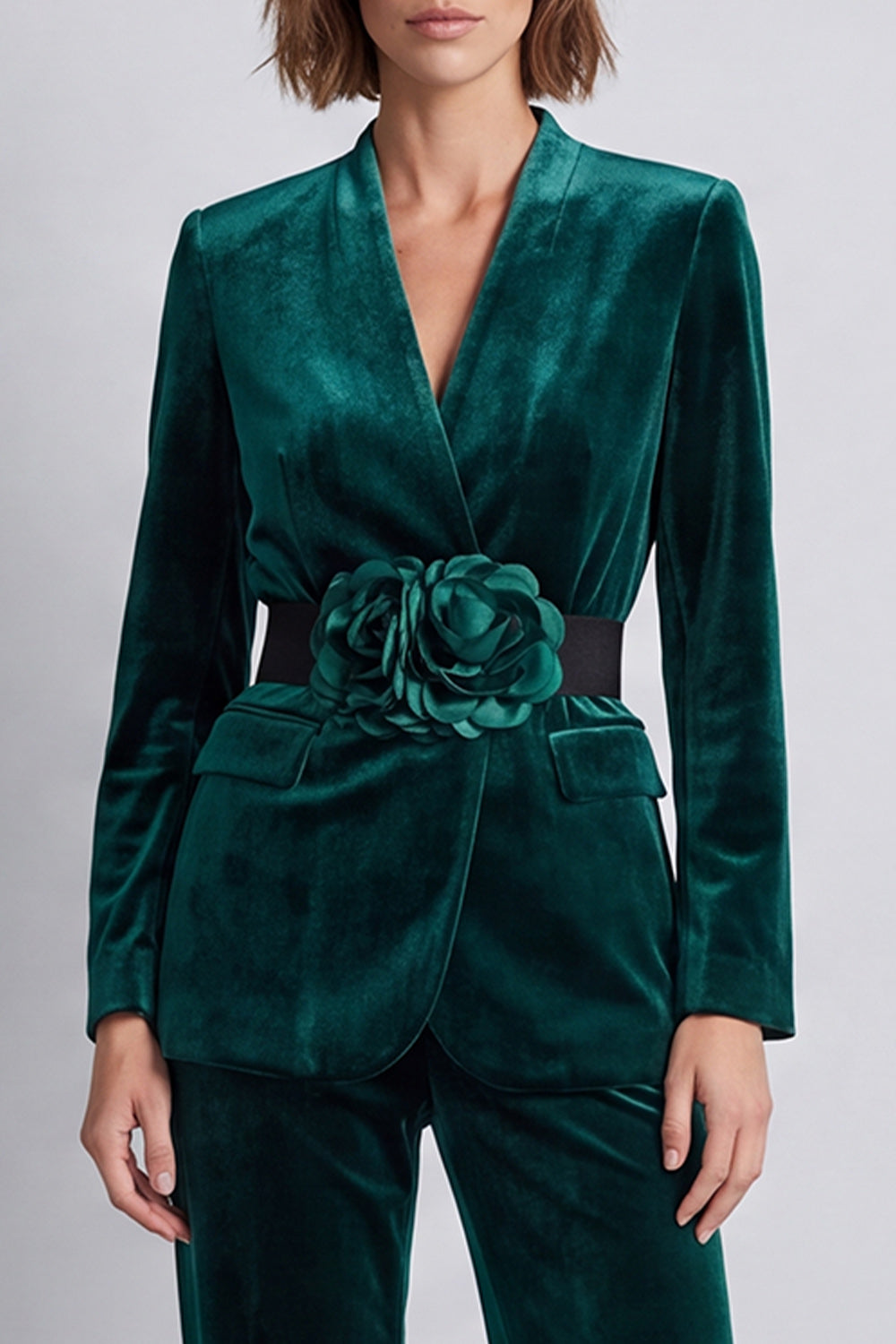 Dark Green Velvet V-Neck Two Piece Work Suits with 3D Flowers
