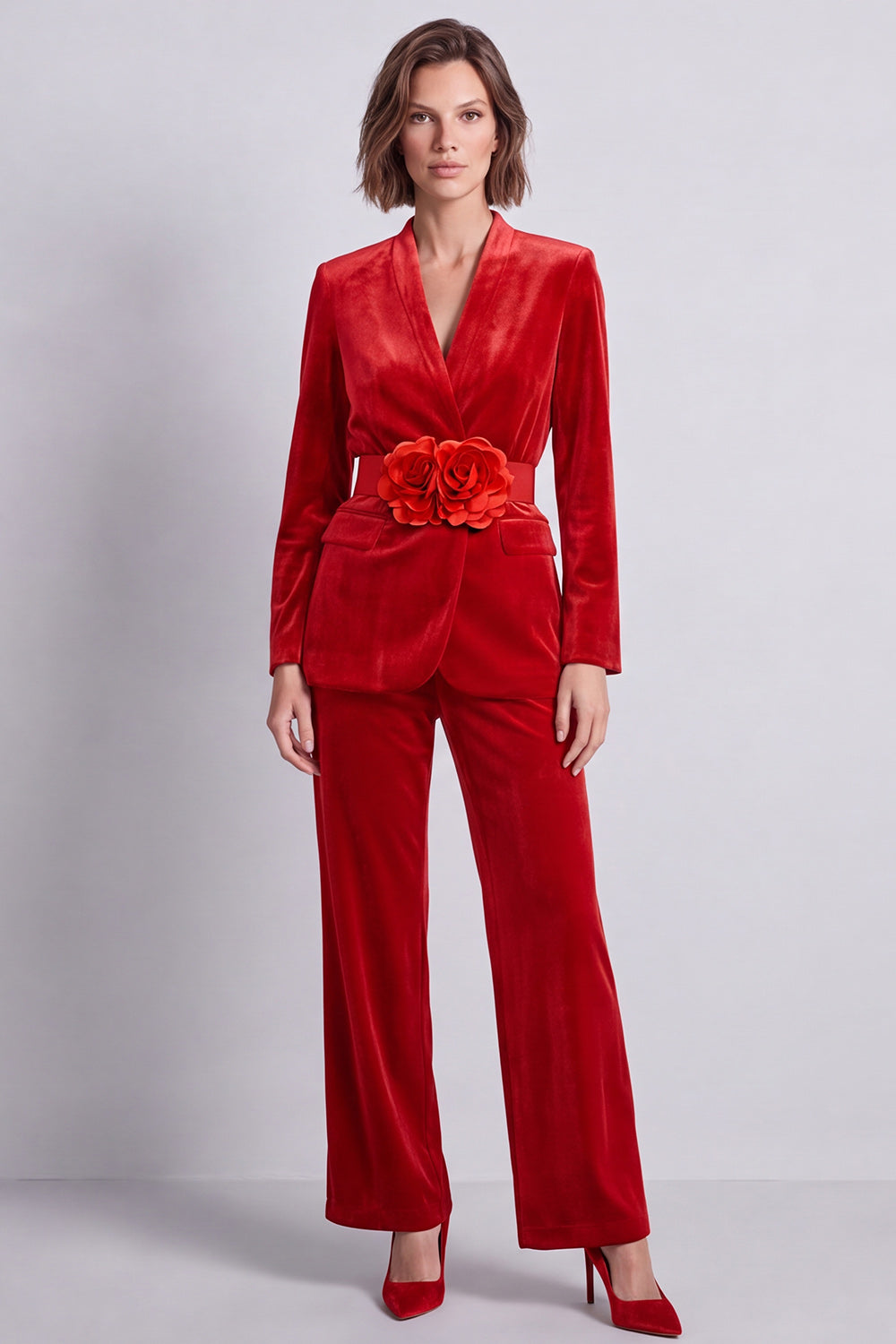 Dark Green Velvet V-Neck Two Piece Work Suits with 3D Flowers