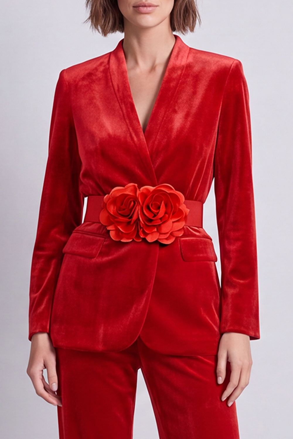 Dark Green Velvet V-Neck Two Piece Work Suits with 3D Flowers