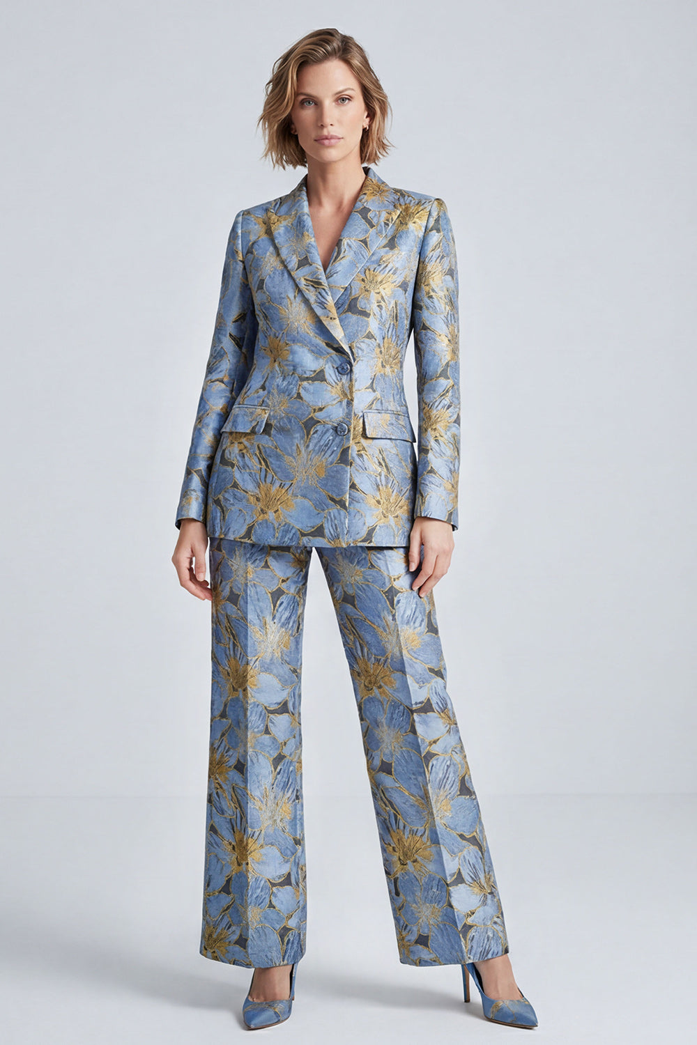 2 Piece Dusty Blue Jacquard Peak Lapel Prom Suits