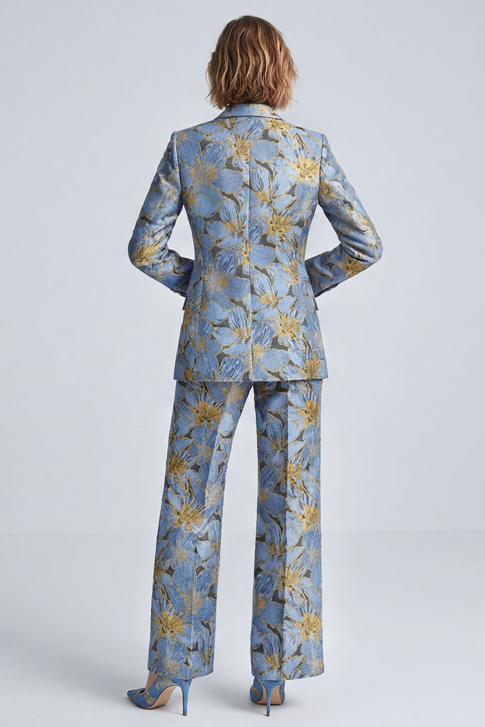 2 Piece Dusty Blue Jacquard Peak Lapel Prom Suits