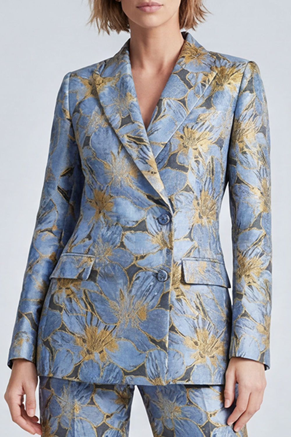 2 Piece Dusty Blue Jacquard Peak Lapel Prom Suits