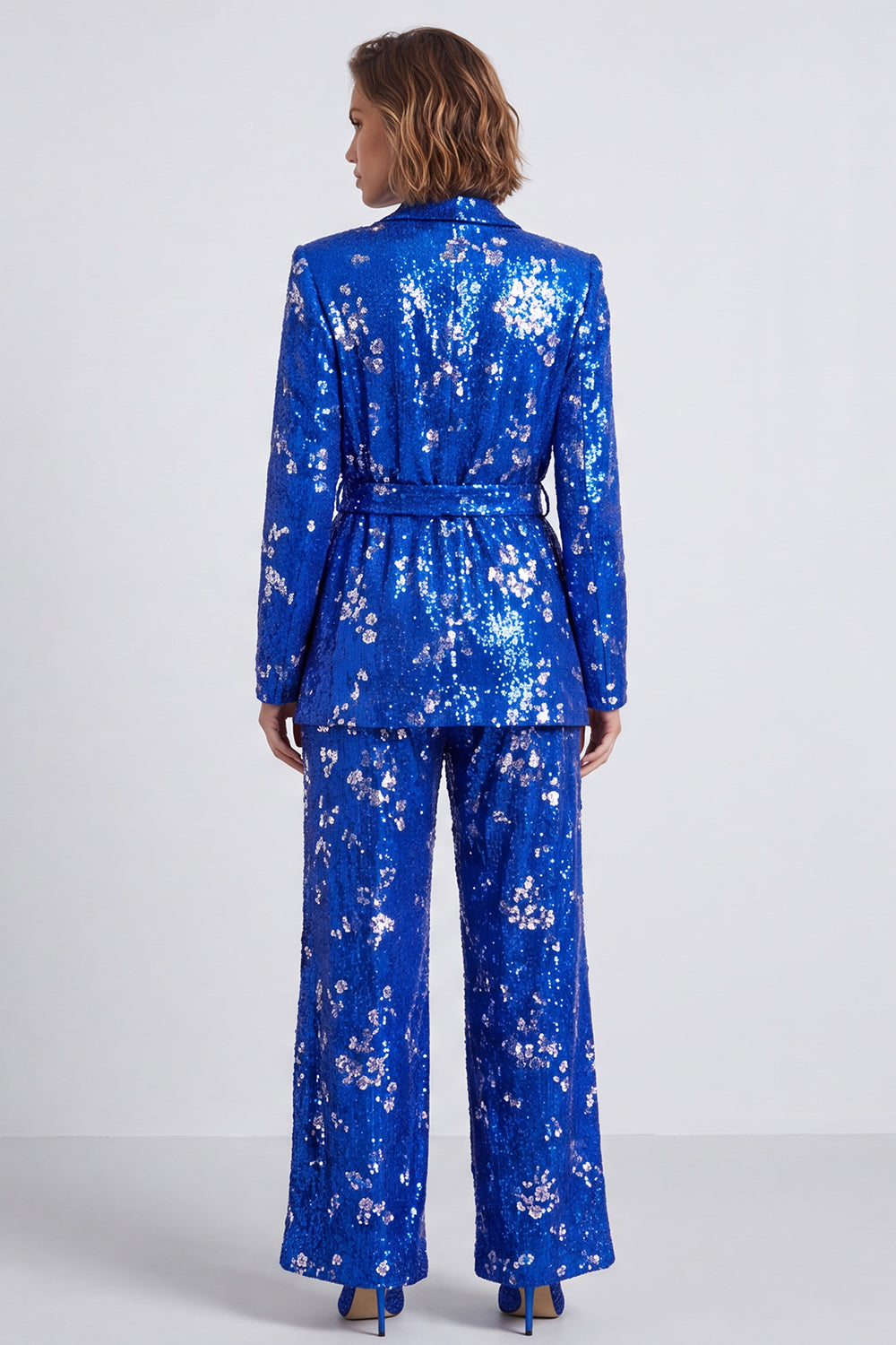 Sparkly Royal Blue 2 Piece Sequins Shawl Lapel Prom Suits with Sash