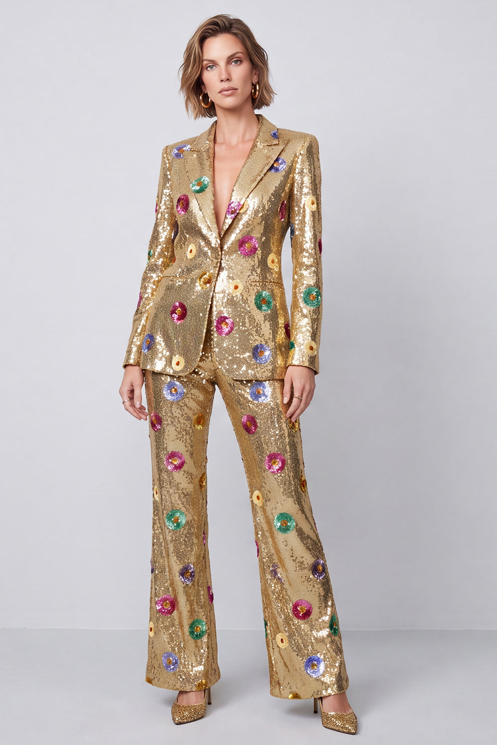 Sparkly Gold Sequins 2 Piece Peak Lapel Prom Suits