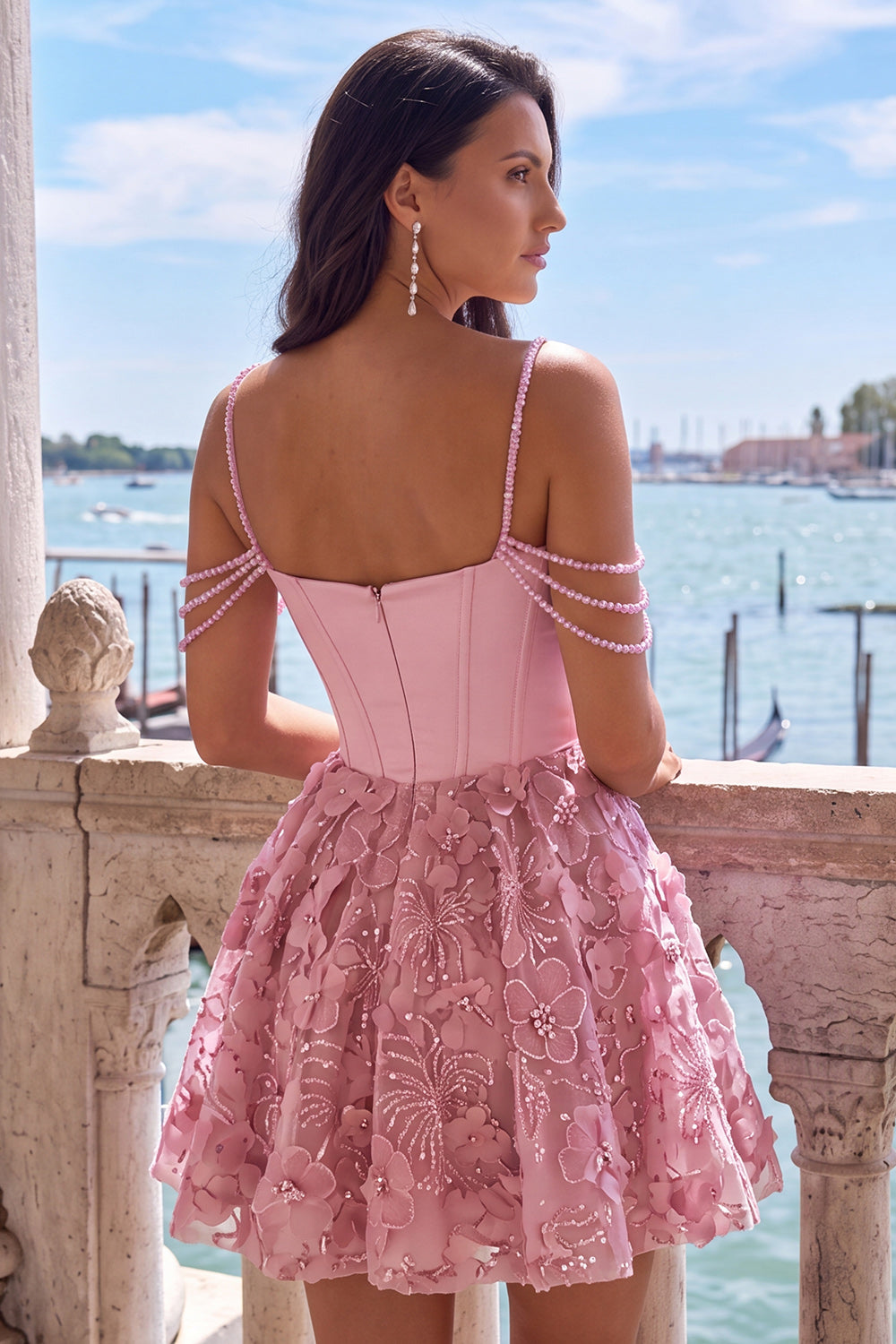 Floral Pink Beaded Cold Shoulder A-Line Short Corset Homecoming Dress