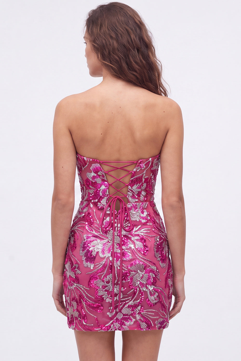 Fuchsia Floral Tight Sweetheart Sequin Sparkly Short Cocktail Dress