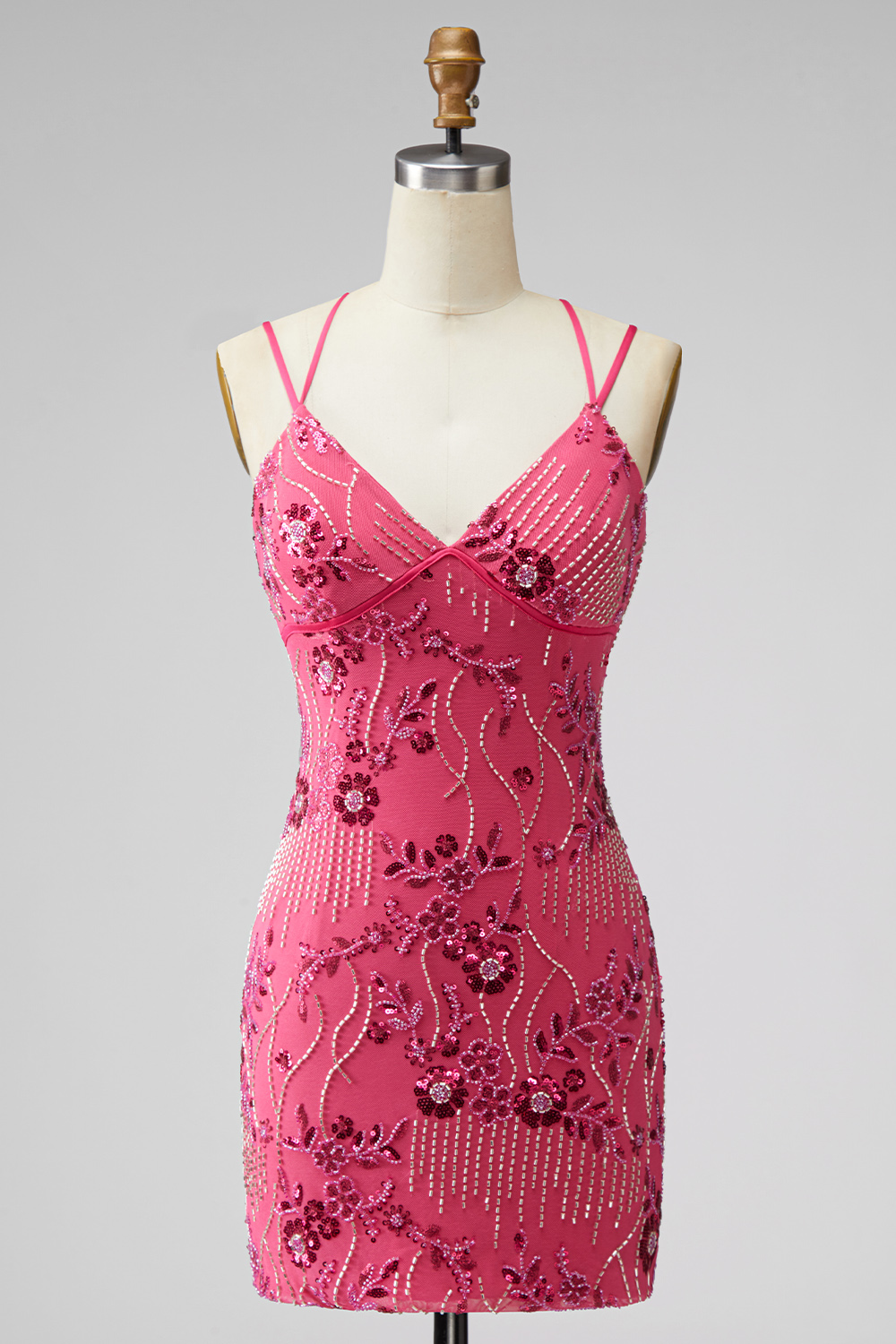 Floral Pink Sequin Sparkly Beaded Tight Short Cocktail Dress