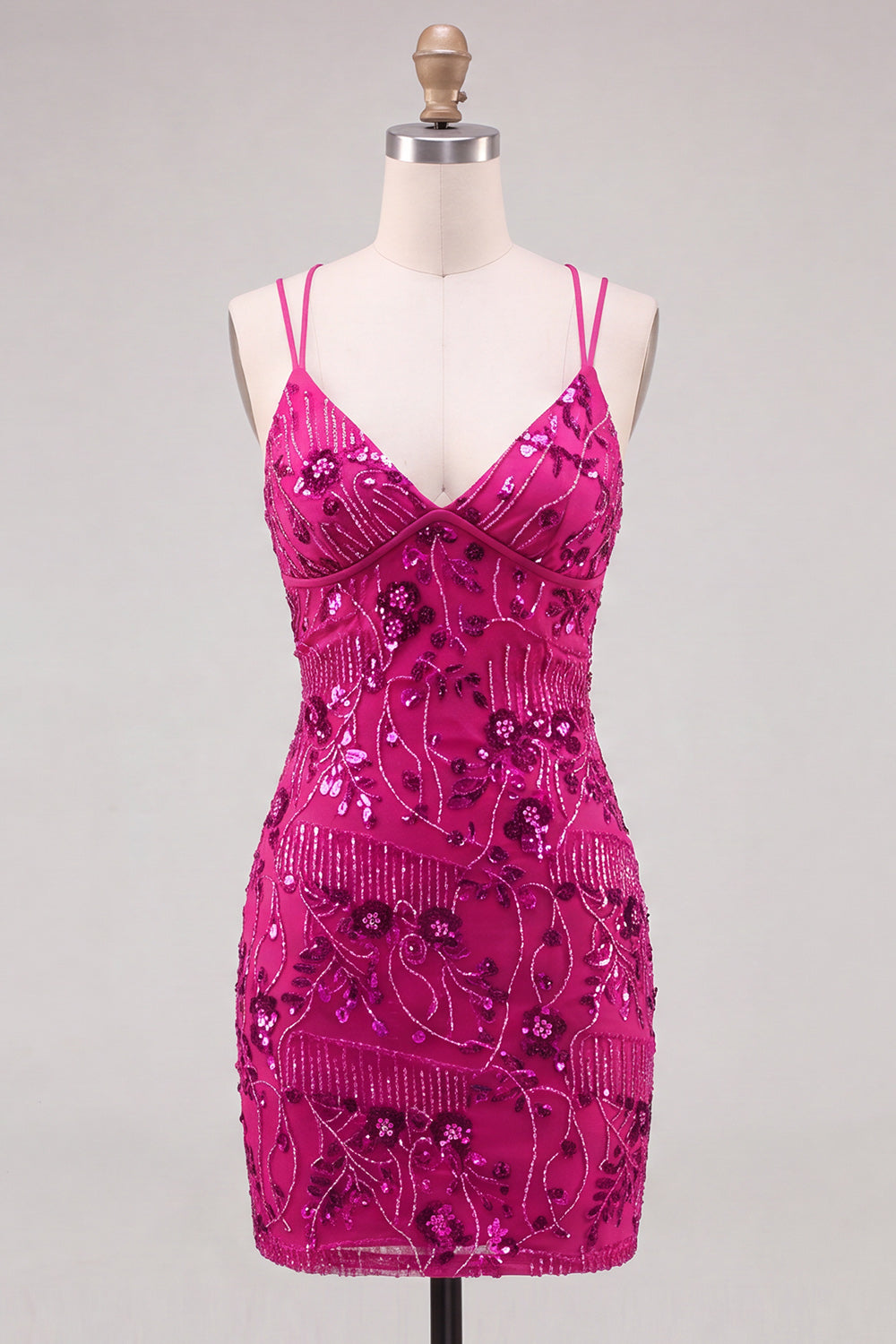 Floral Pink Sequin Sparkly Beaded Tight Short Cocktail Dress