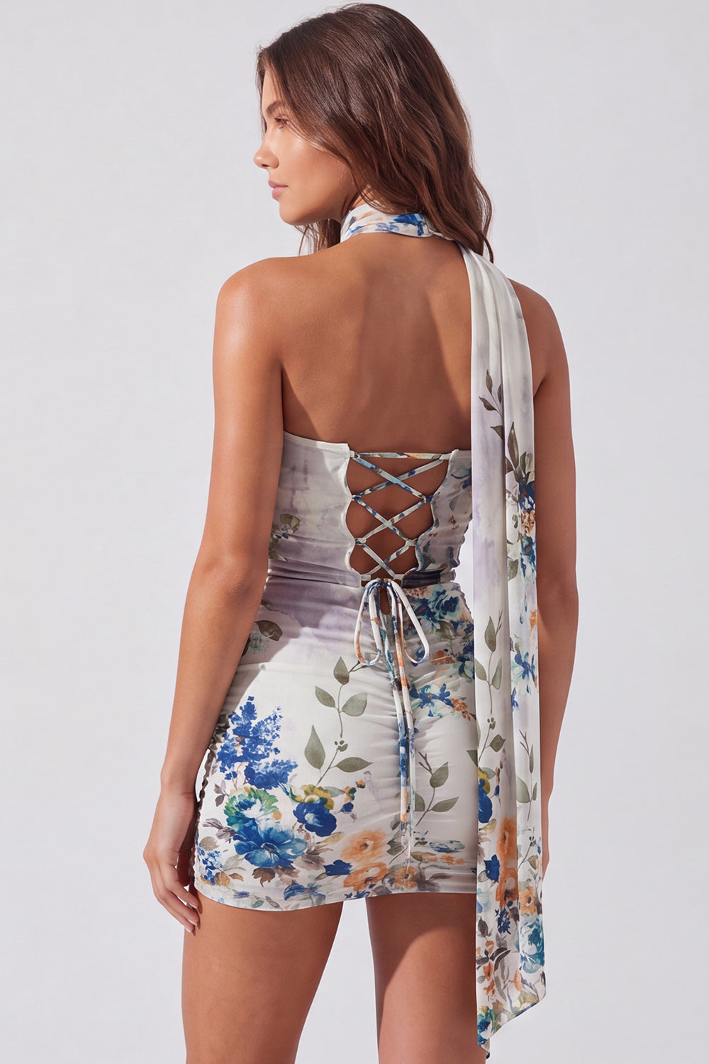 Black Floral Strapless Short Tight Cocktail Dress with Neck Scarf