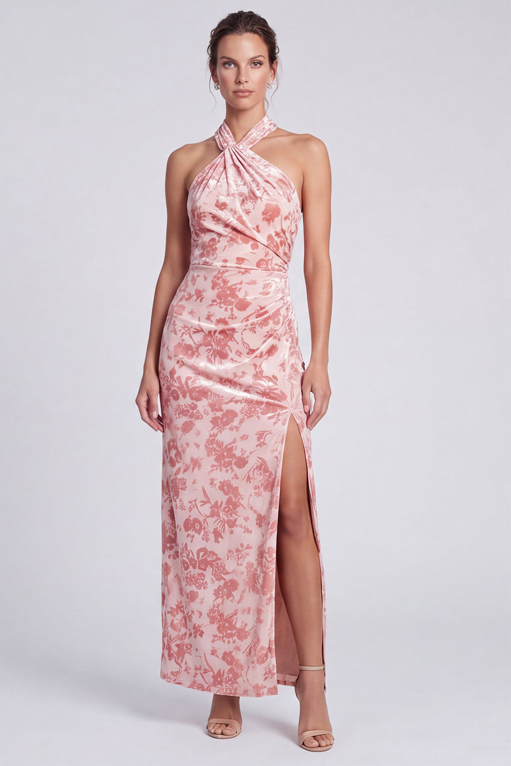 Yelllow Floral Halter Velvet Sheath Long Wedding Guest Dress with Slit