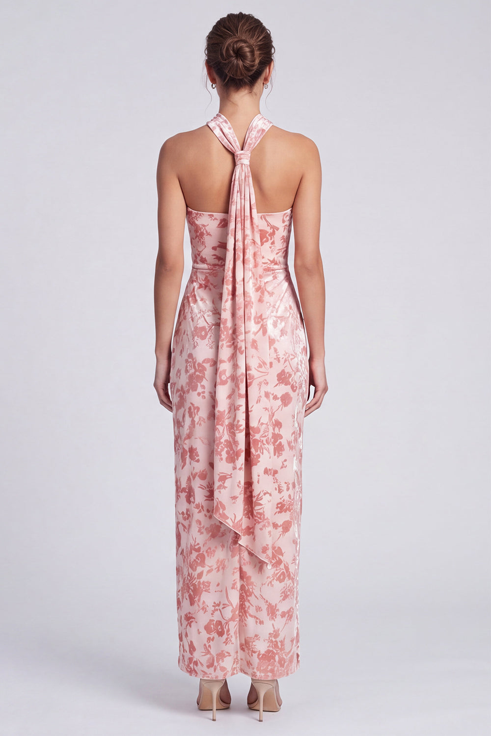 Yelllow Floral Halter Velvet Sheath Long Wedding Guest Dress with Slit
