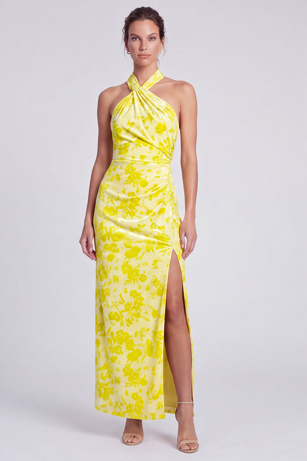 Yelllow Floral Halter Velvet Sheath Long Wedding Guest Dress with Slit