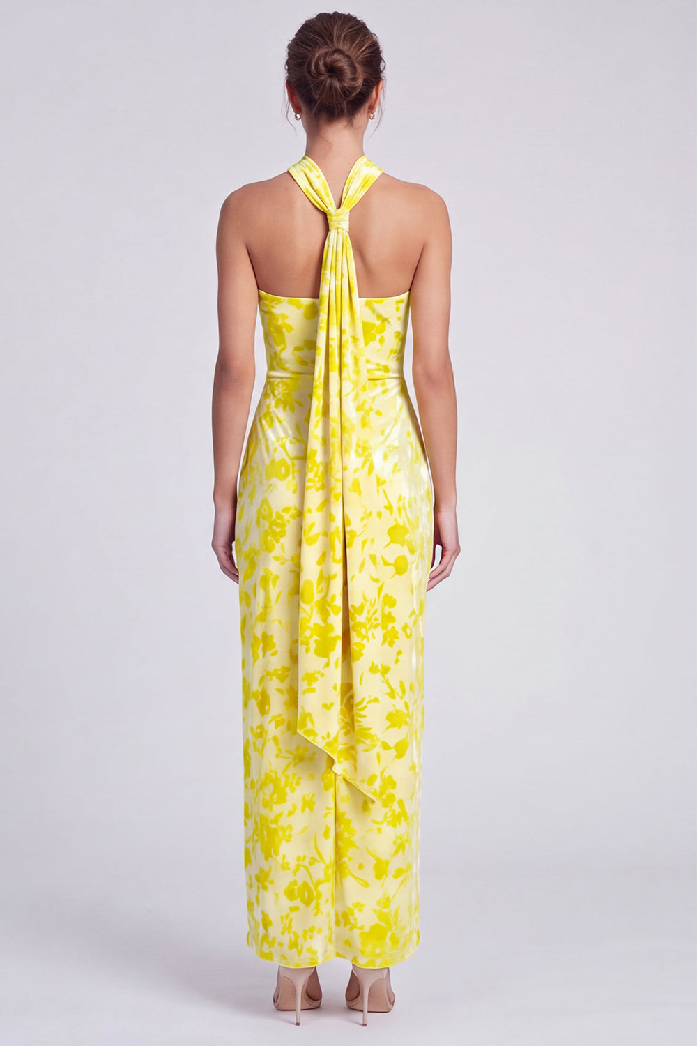 Yelllow Floral Halter Velvet Sheath Long Wedding Guest Dress with Slit