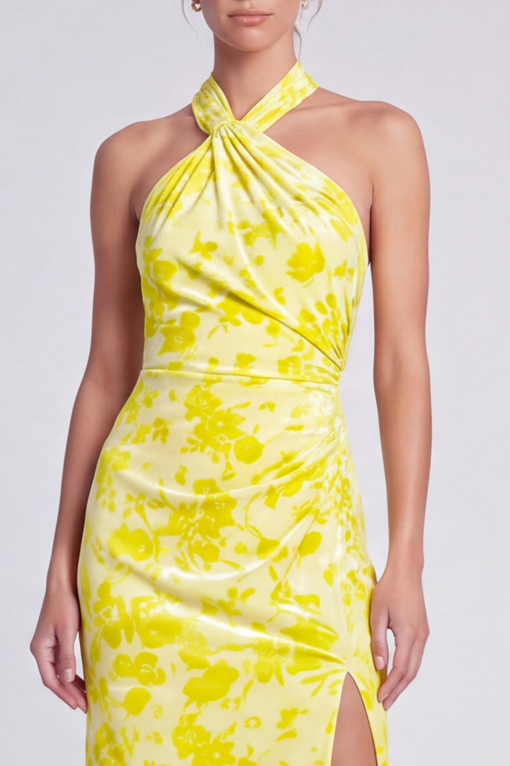 Yelllow Floral Halter Velvet Sheath Long Wedding Guest Dress with Slit