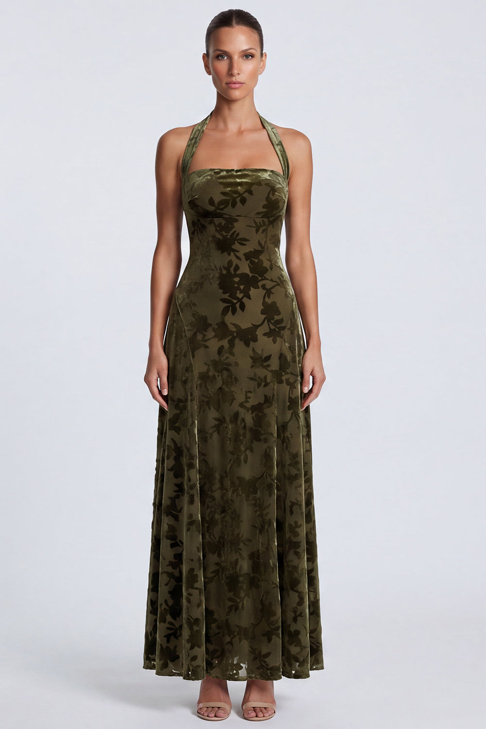 Floral Olive Sheath Halter Velvet Long Wedding Guest Dress