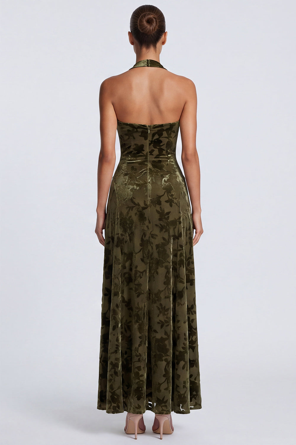 Floral Olive Sheath Halter Velvet Long Wedding Guest Dress