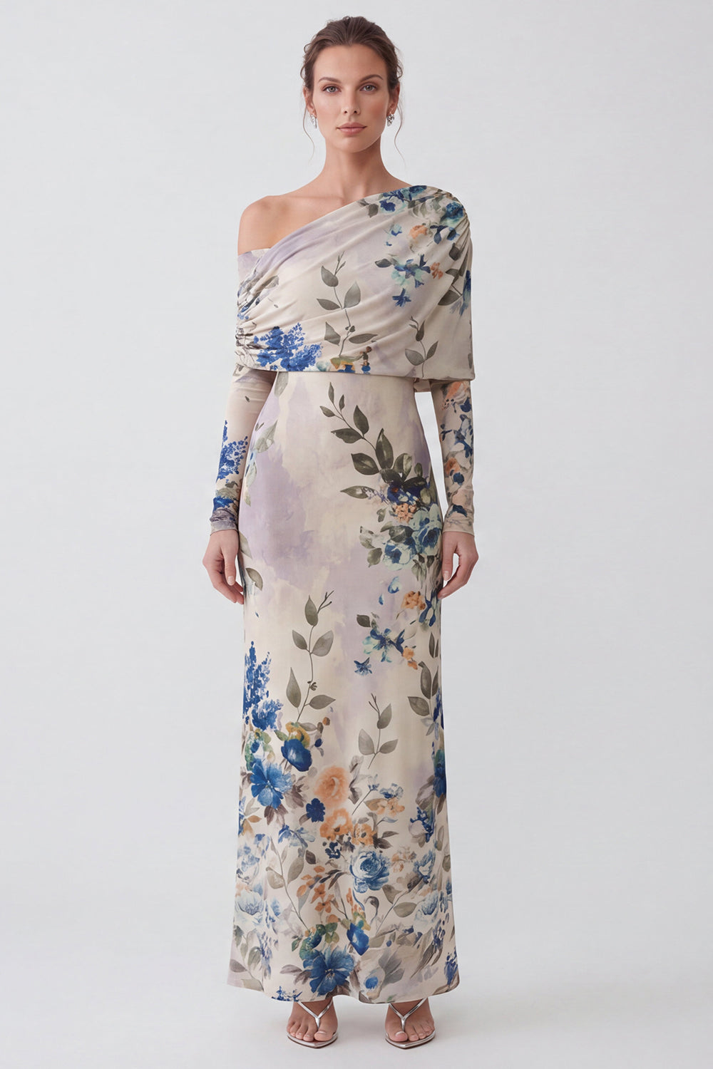Floral Ivory Sheath One Shoulder Long Wedding Guest Dress with Sleeves