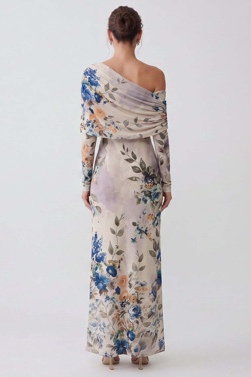 Floral Ivory Sheath One Shoulder Long Wedding Guest Dress with Sleeves