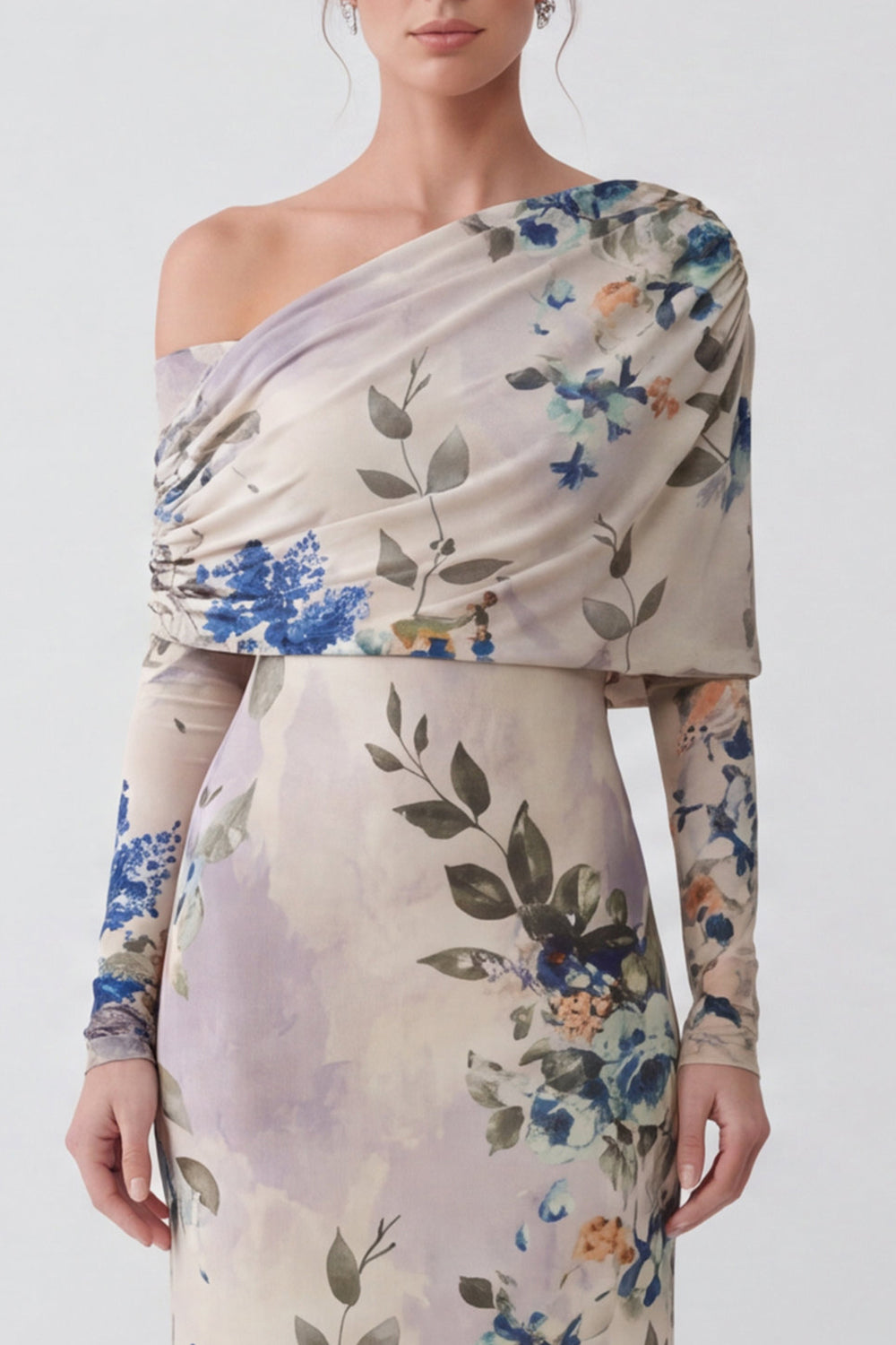 Floral Ivory Sheath One Shoulder Long Wedding Guest Dress with Sleeves