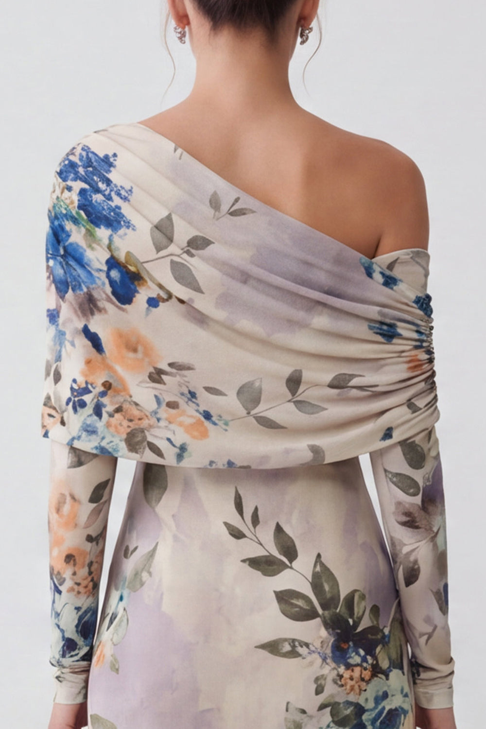 Floral Ivory Sheath One Shoulder Long Wedding Guest Dress with Sleeves