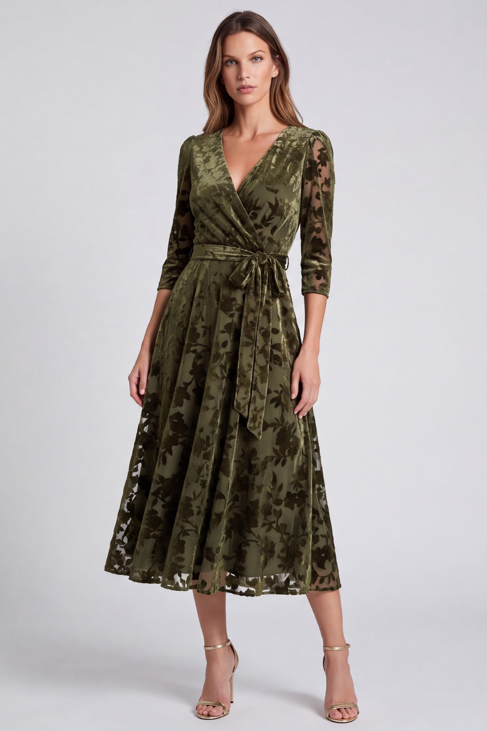Peacock Blue Floral A Line V-Neck Velvet Midi Wedding Guest Dress with Sleeves