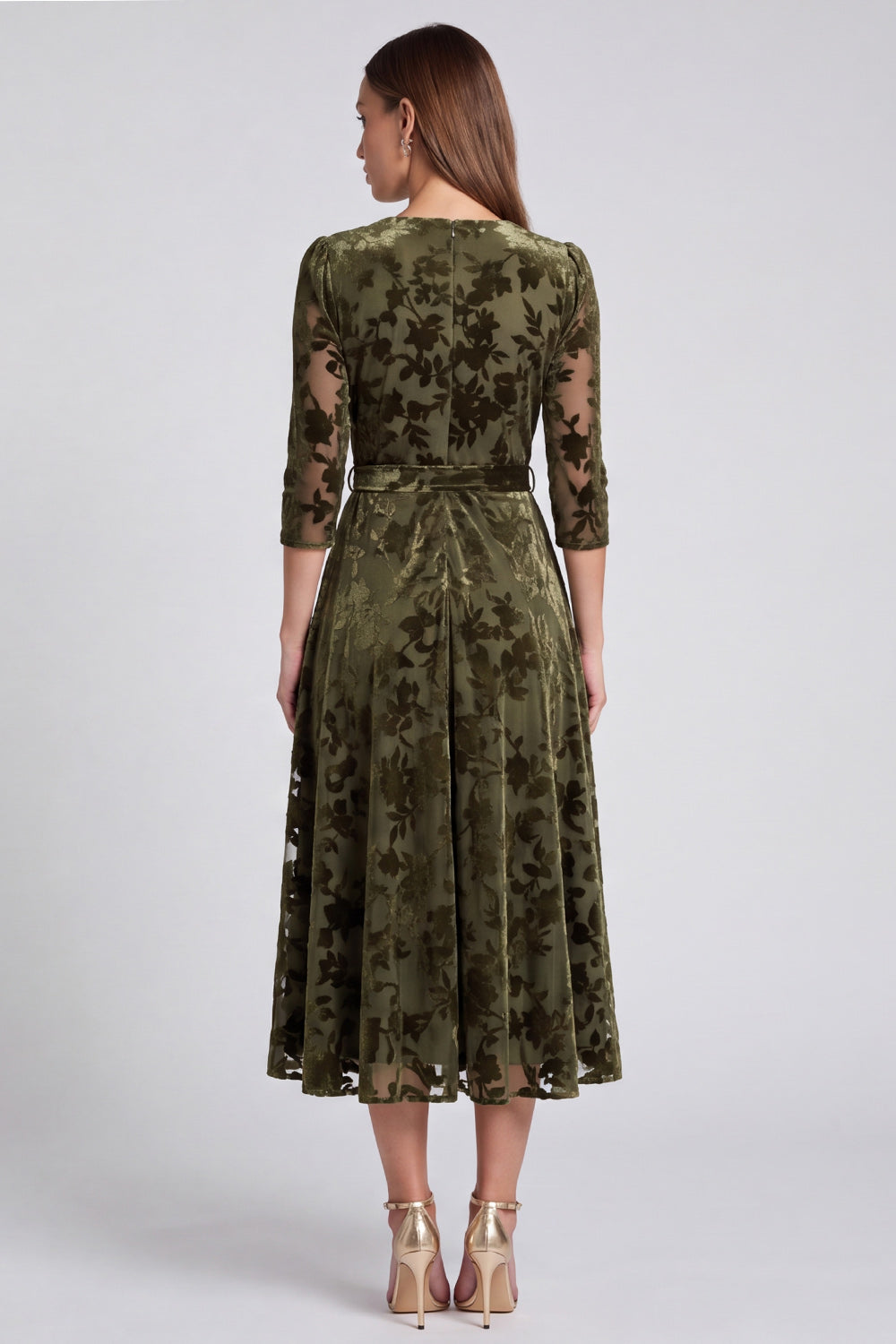 Peacock Blue Floral A Line V-Neck Velvet Midi Wedding Guest Dress with Sleeves