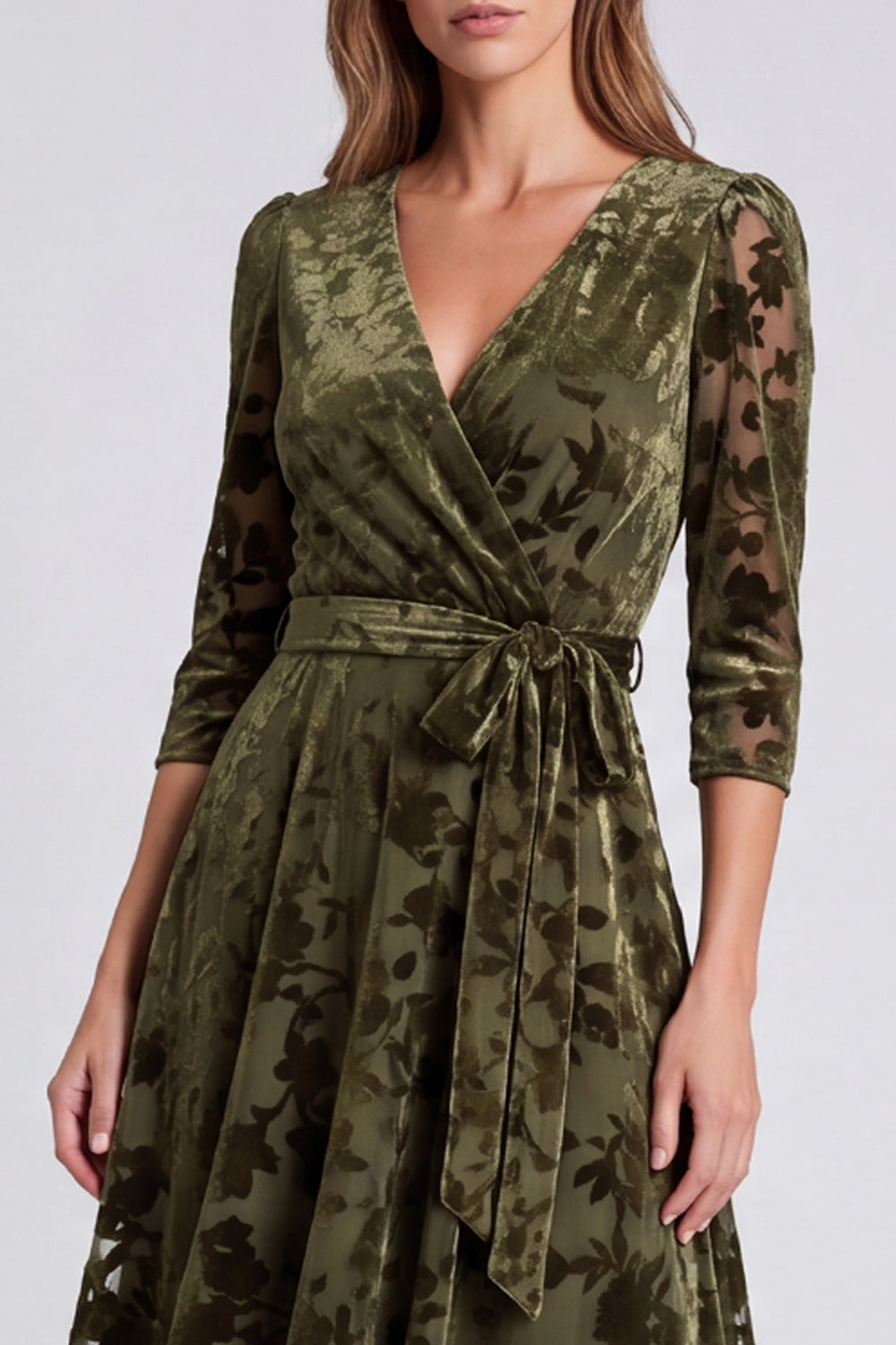 Peacock Blue Floral A Line V-Neck Velvet Midi Wedding Guest Dress with Sleeves