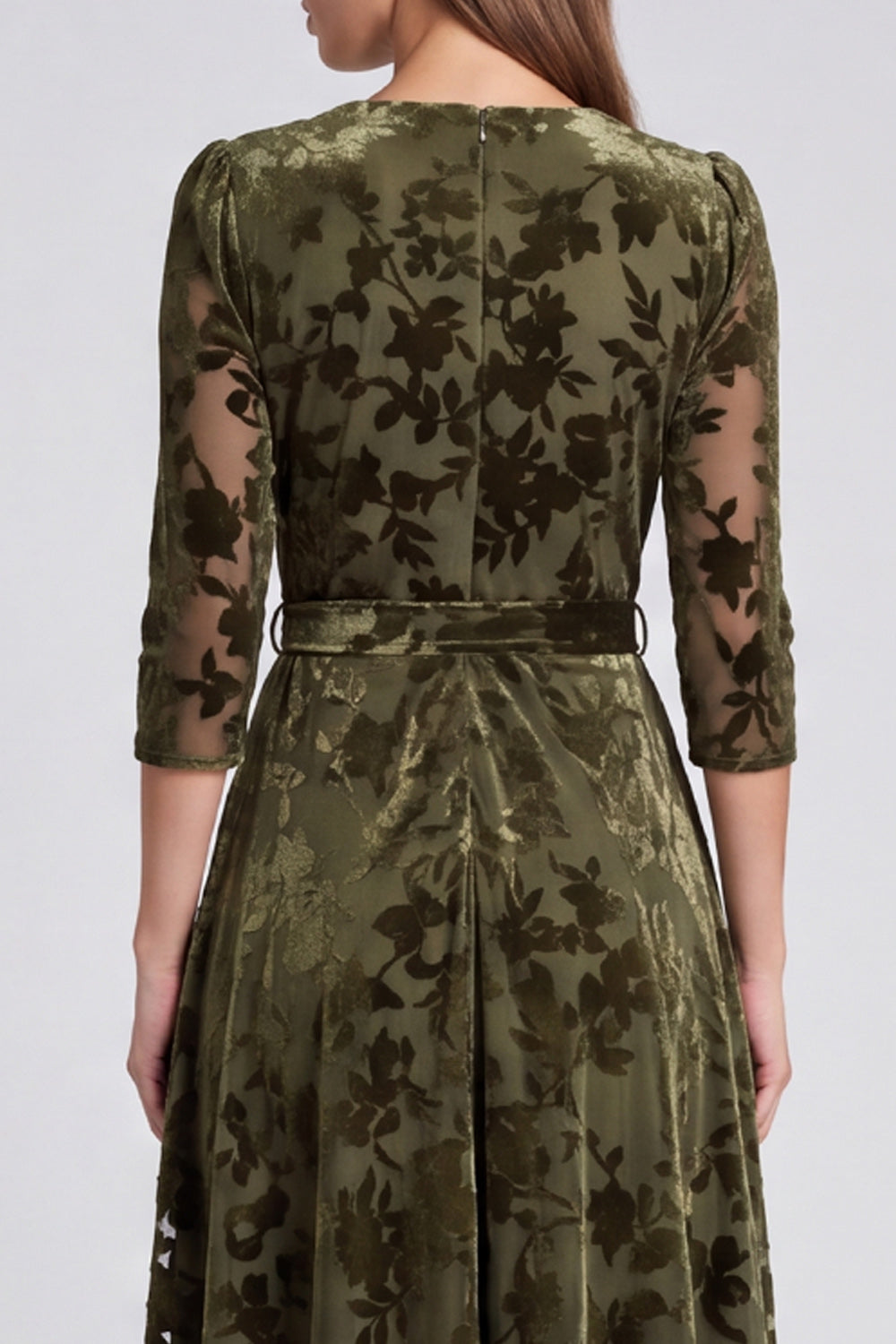 Peacock Blue Floral A Line V-Neck Velvet Midi Wedding Guest Dress with Sleeves