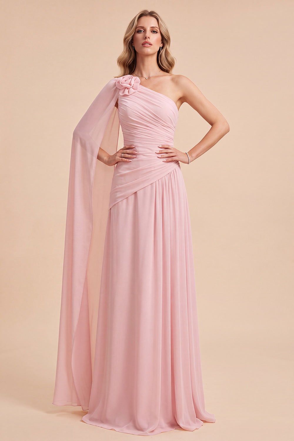 Floral Light Pink A Line Long Beach Wedding Guest Dress with Side Cape