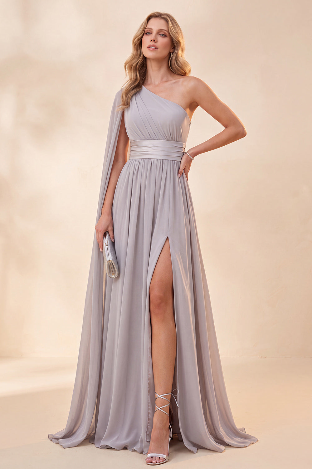 Light Grey One Shoulder A Line Long Beach Wedding Guest Dress with Slit