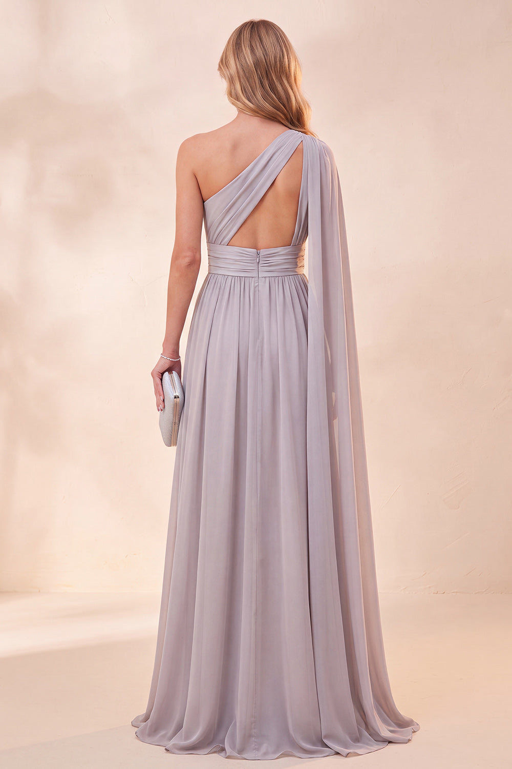 Light Grey One Shoulder A Line Long Beach Wedding Guest Dress with Slit