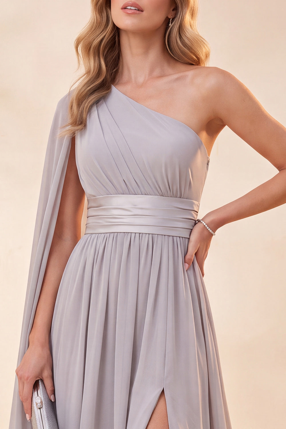 Light Grey One Shoulder A Line Long Beach Wedding Guest Dress with Slit