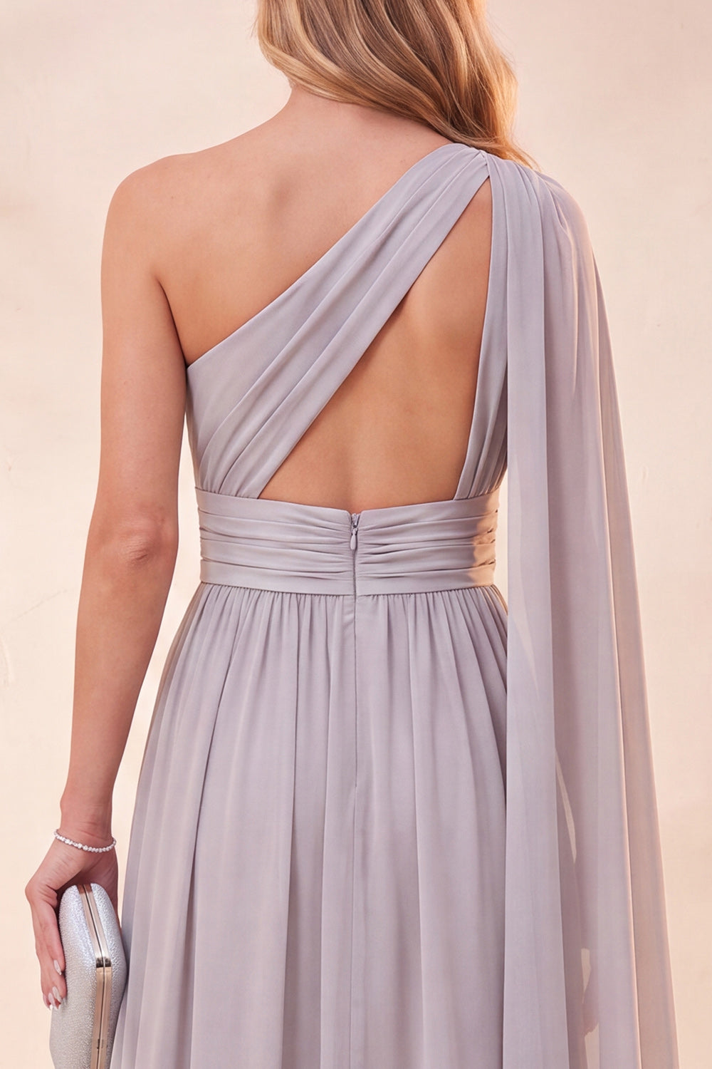 Light Grey One Shoulder A Line Long Beach Wedding Guest Dress with Slit