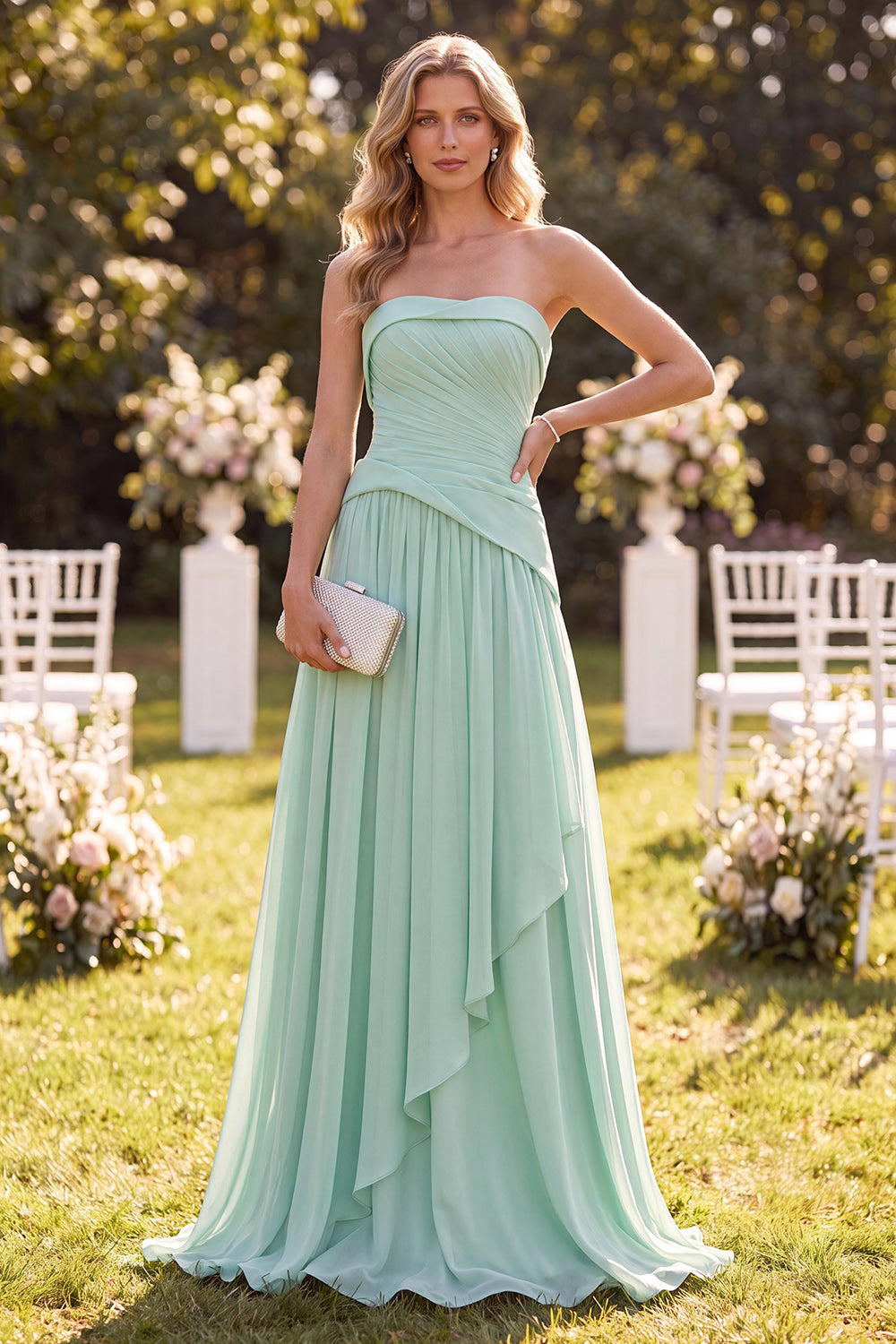 Mint Green Strapless Ruffled A Line Long Beach Wedding Guest Dress