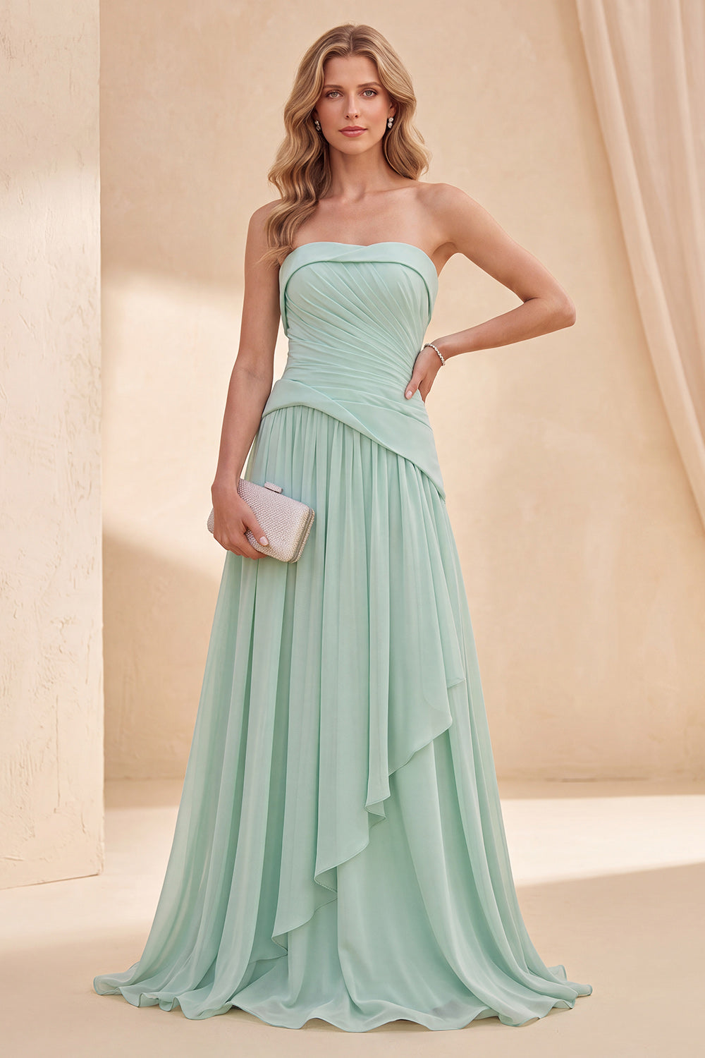 Mint Green Strapless Ruffled A Line Long Beach Wedding Guest Dress