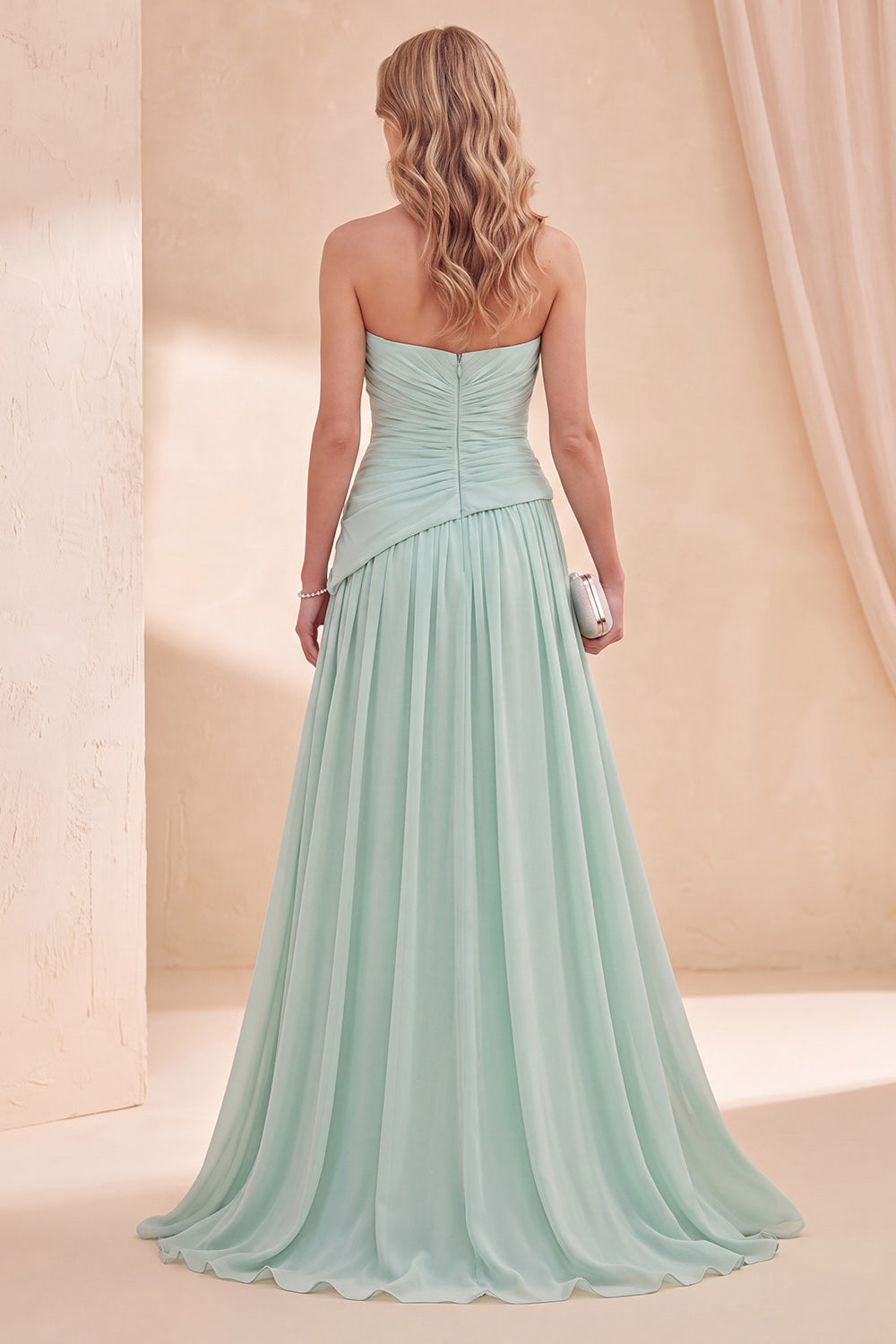 Mint Green Strapless Ruffled A Line Long Beach Wedding Guest Dress