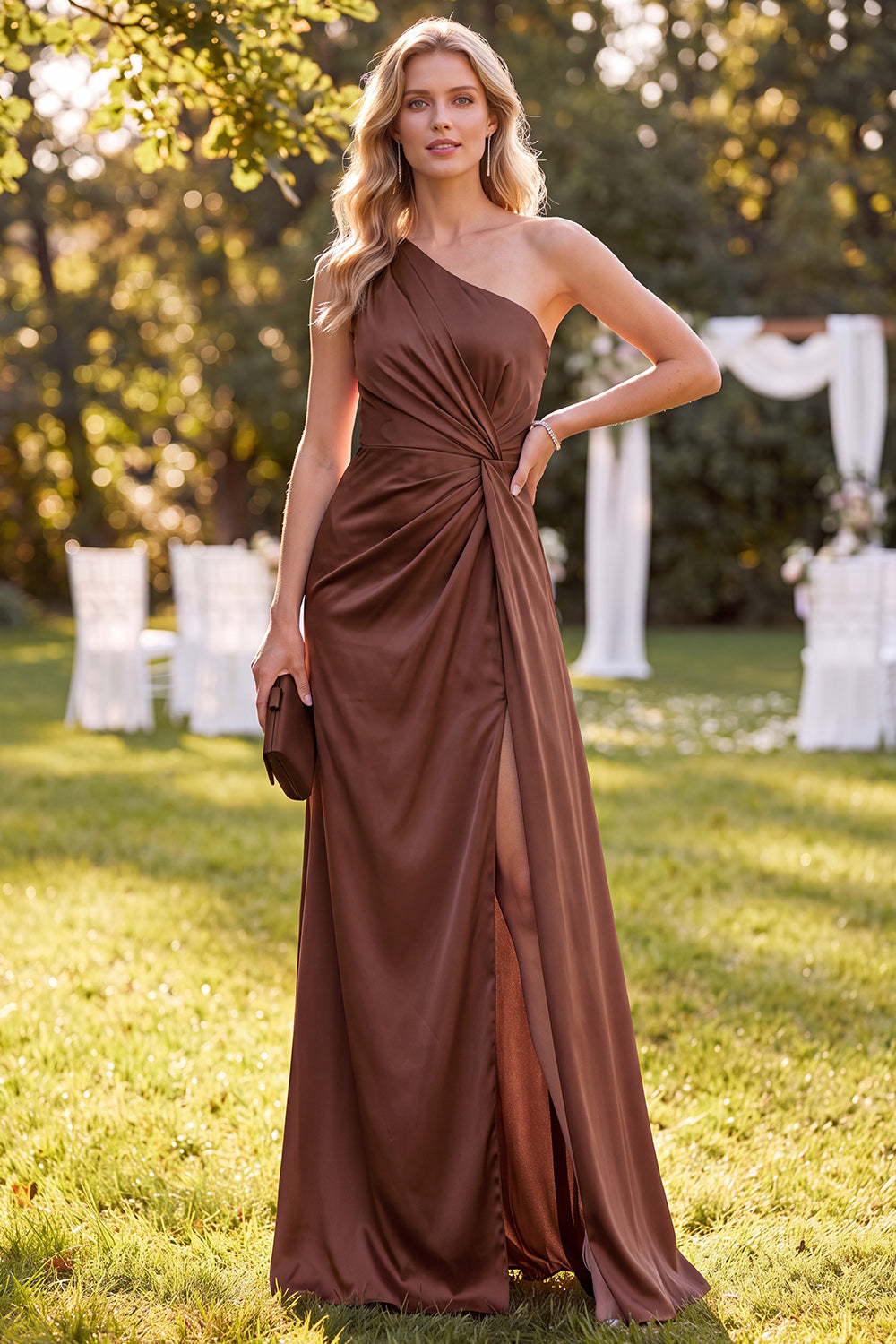 Chocolates One Shoulder Ruched Satin Long Wedding Guest Dress with Slit