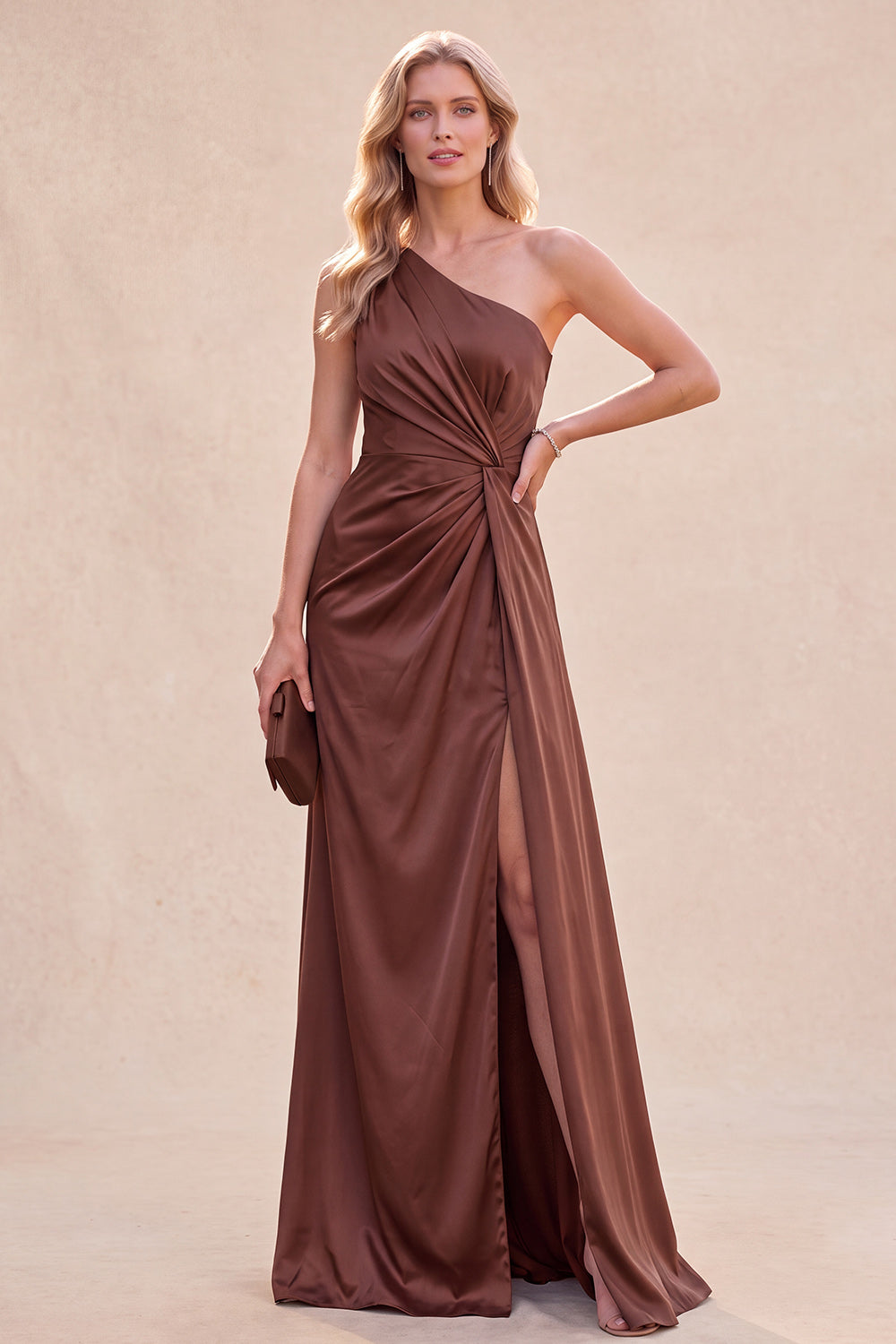 Chocolates One Shoulder Ruched Satin Long Wedding Guest Dress with Slit