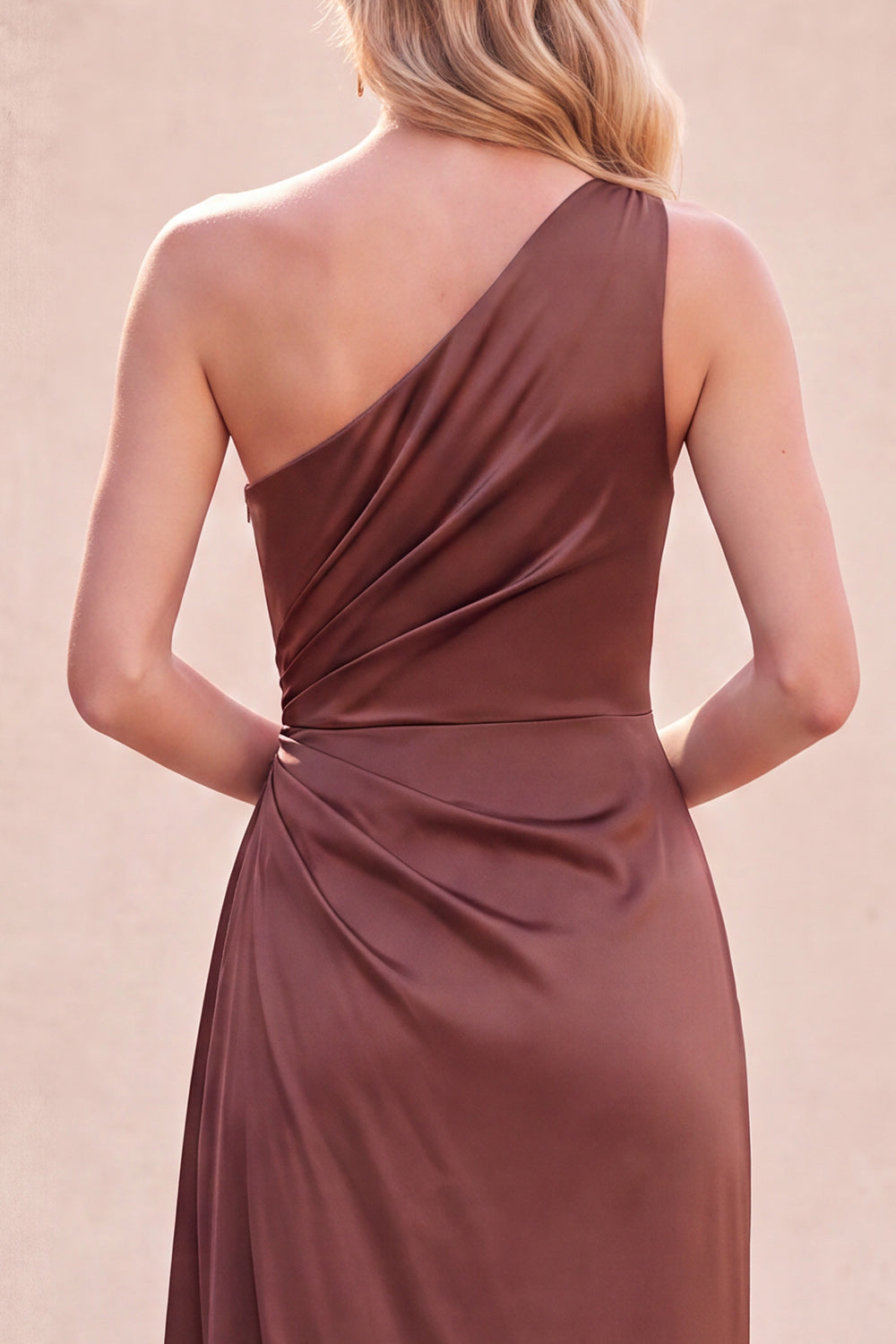 Chocolates One Shoulder Ruched Satin Long Wedding Guest Dress with Slit
