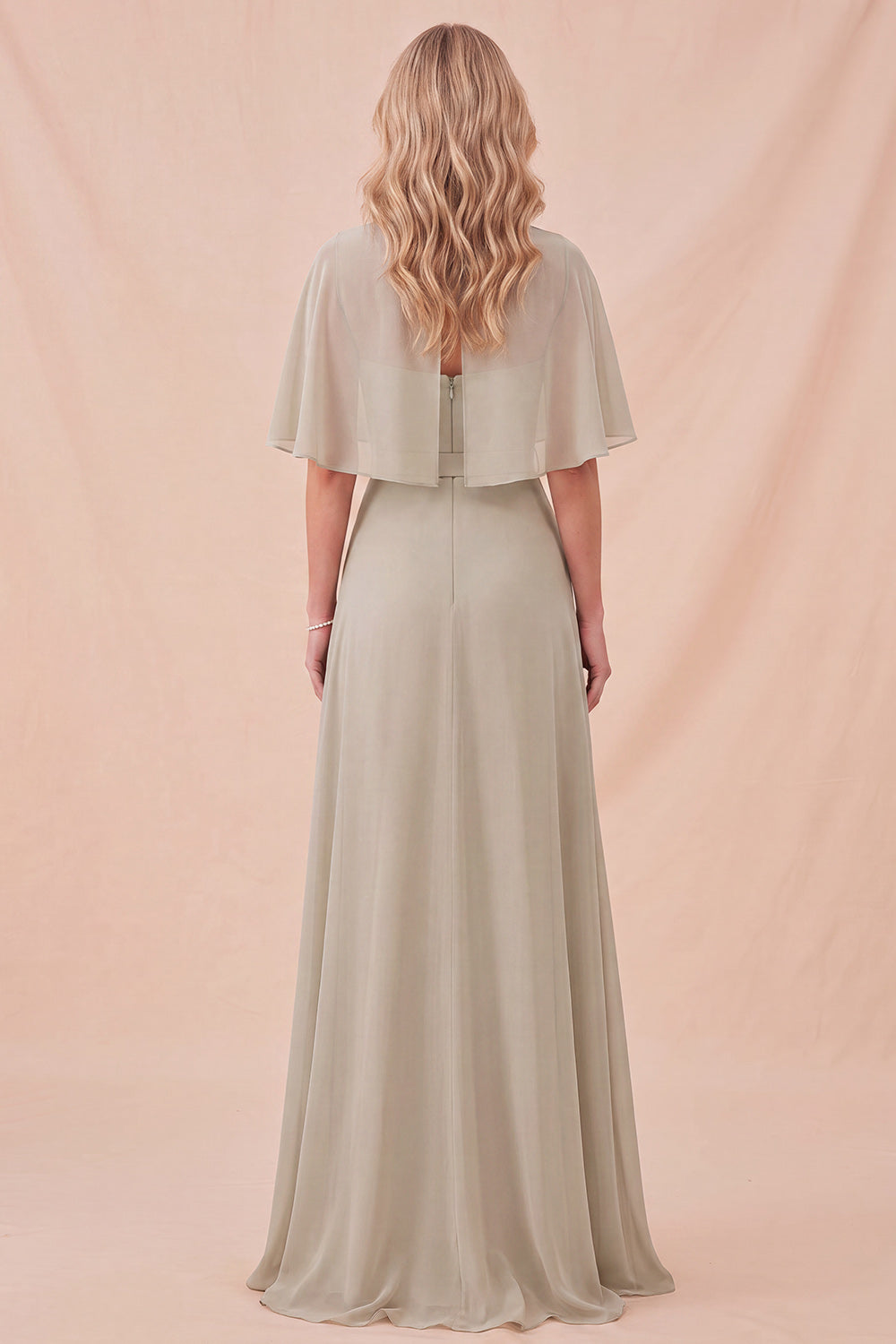 Taupe Simple A Line Illusion Neck Long Beach Wedding Guest Dress with Belt