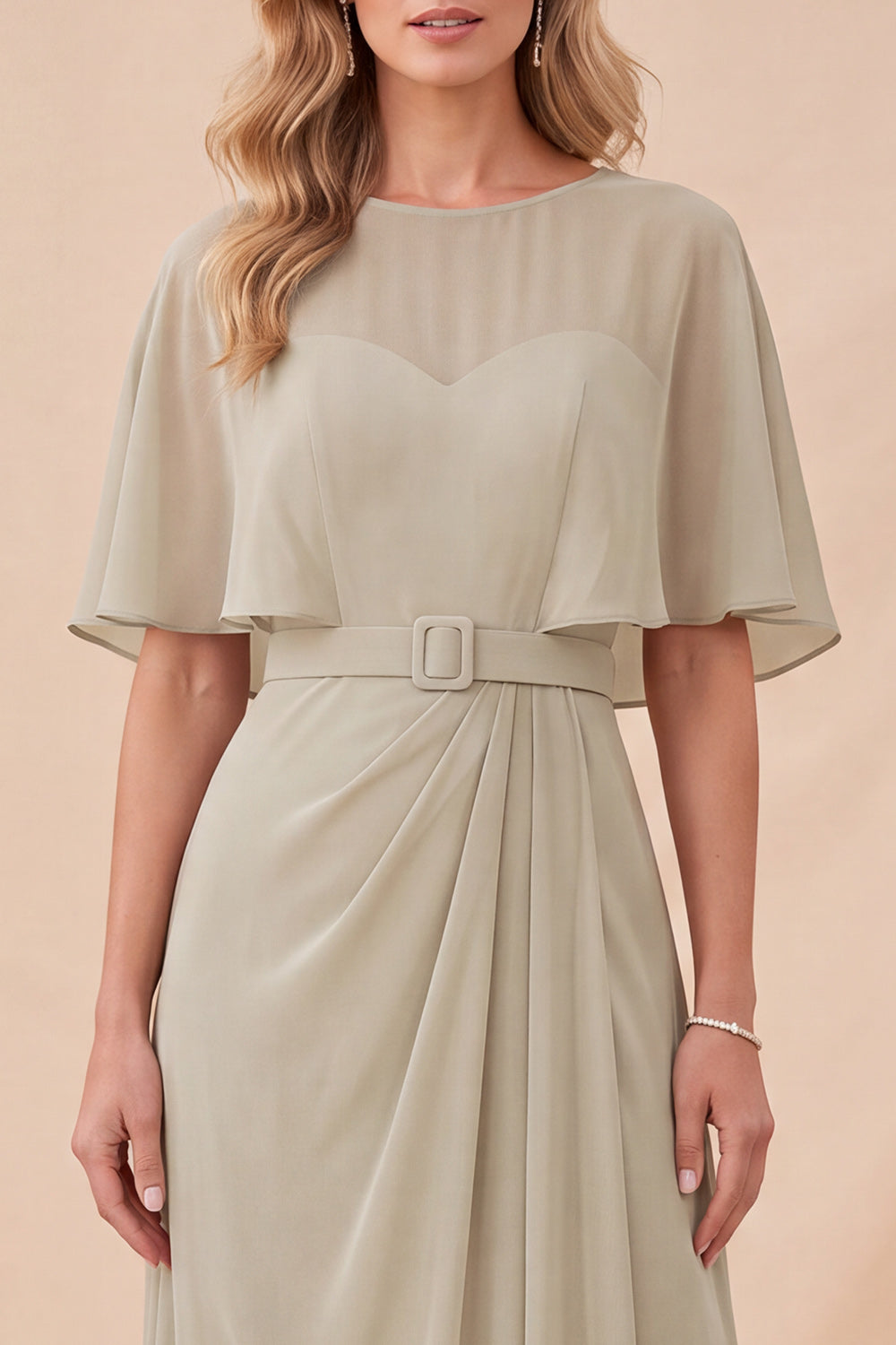 Taupe Simple A Line Illusion Neck Long Beach Wedding Guest Dress with Belt