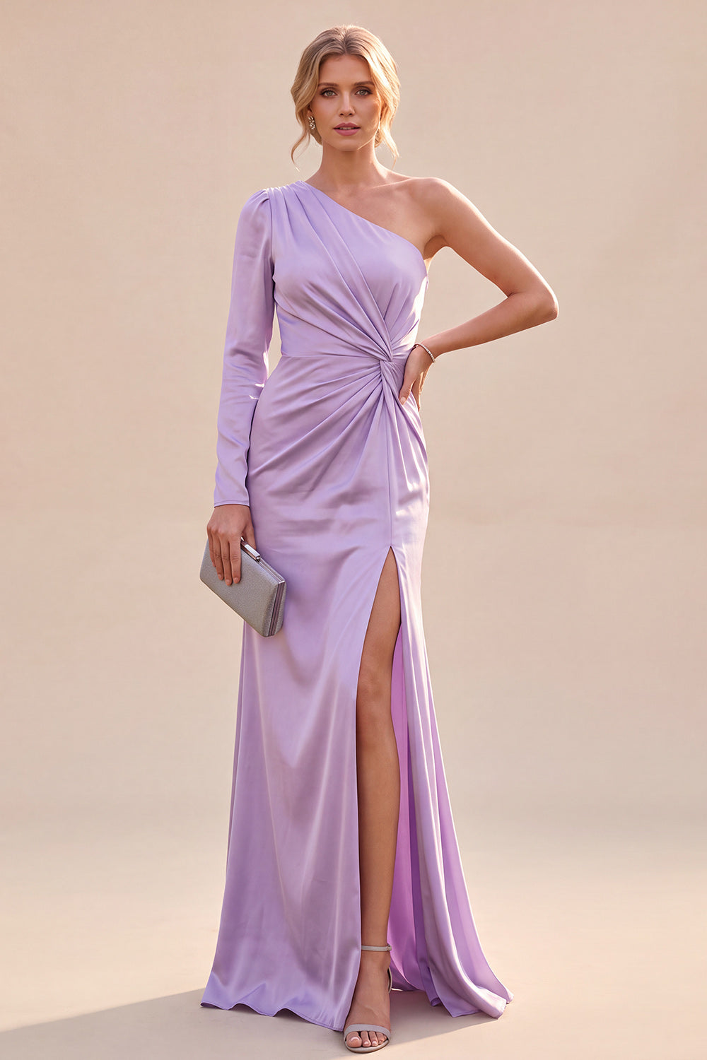 Light Purple Mermaid Ruched One Shoulder Long Sleeve Wedding Guest Dress