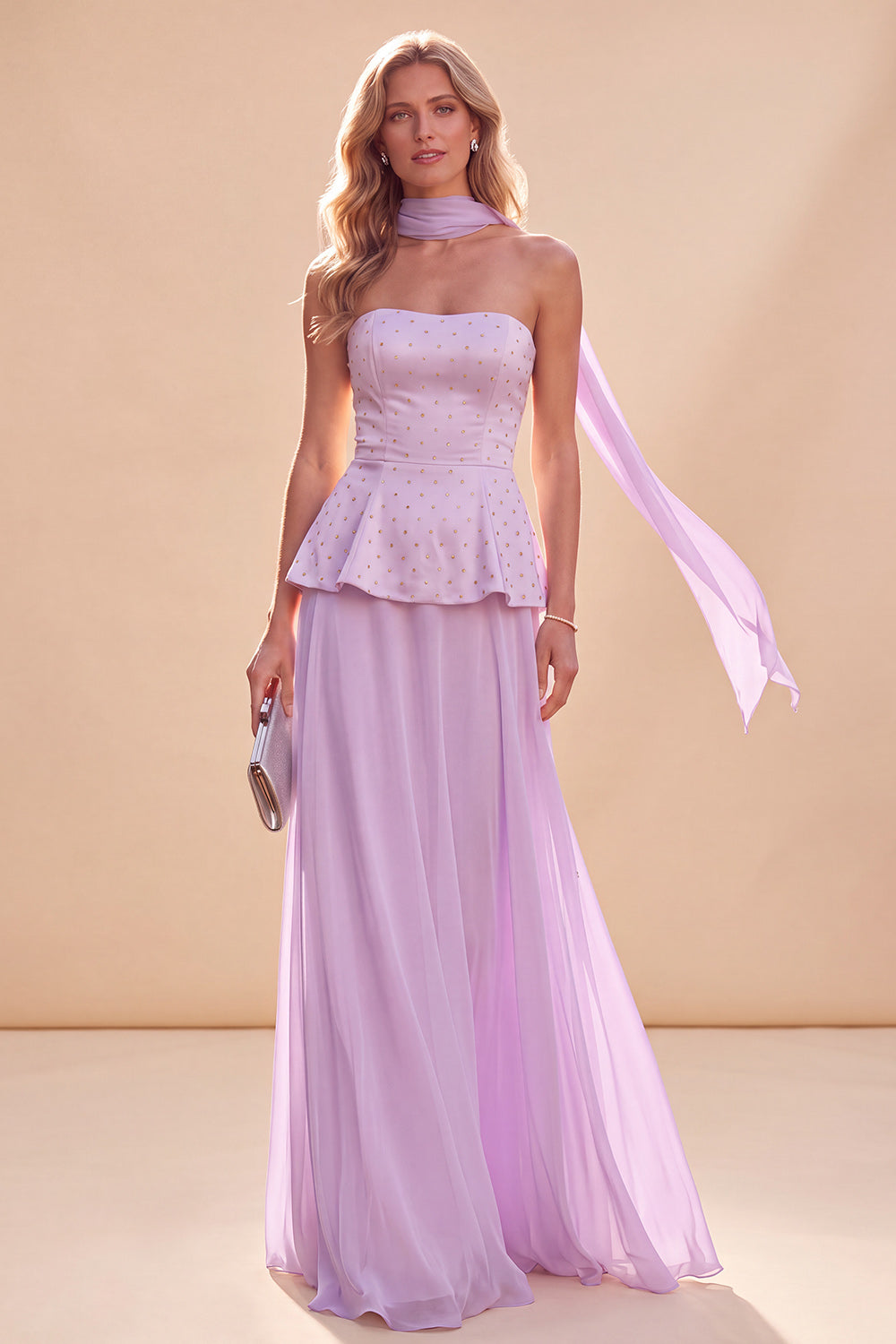 White Strapless Beaded Long Beach Wedding Guest Dress with Neck Scarf
