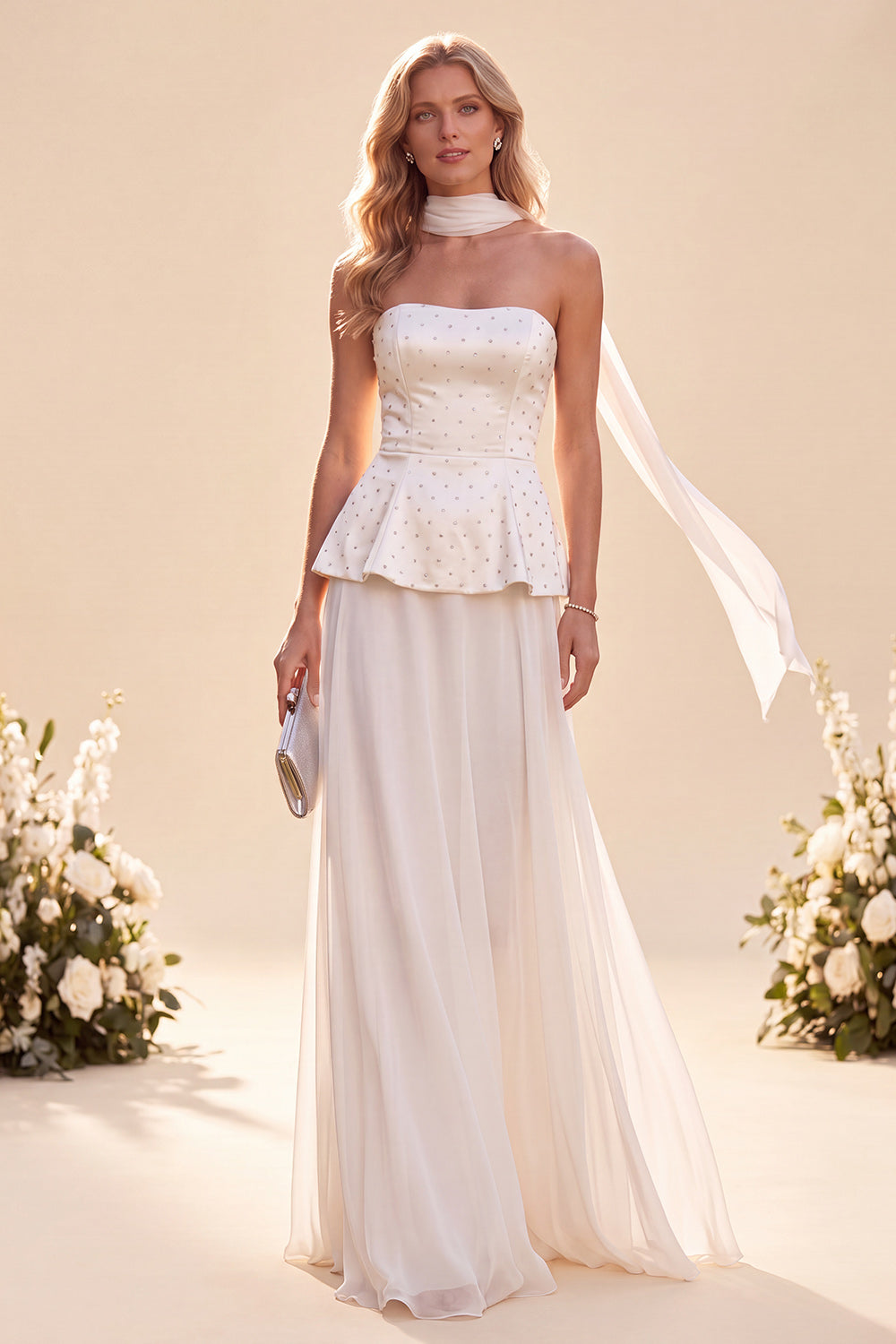 White Strapless Beaded Long Beach Wedding Guest Dress with Neck Scarf