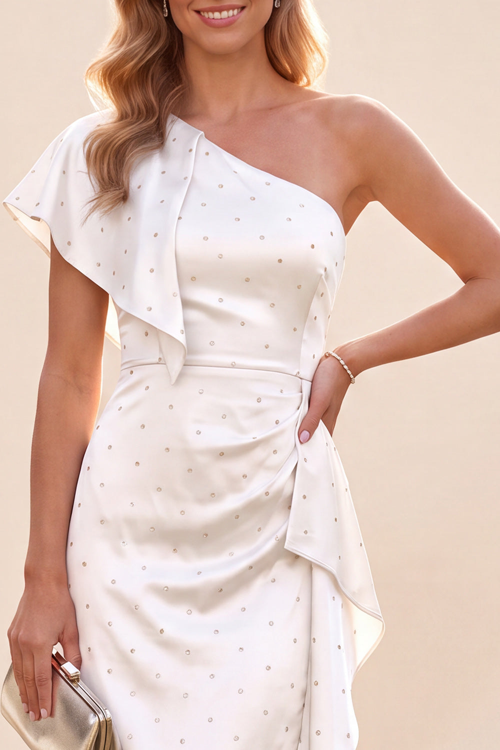 White Sparkly Satin Beaded Ruffled Maxi Wedding Guest Dress with Sleeve